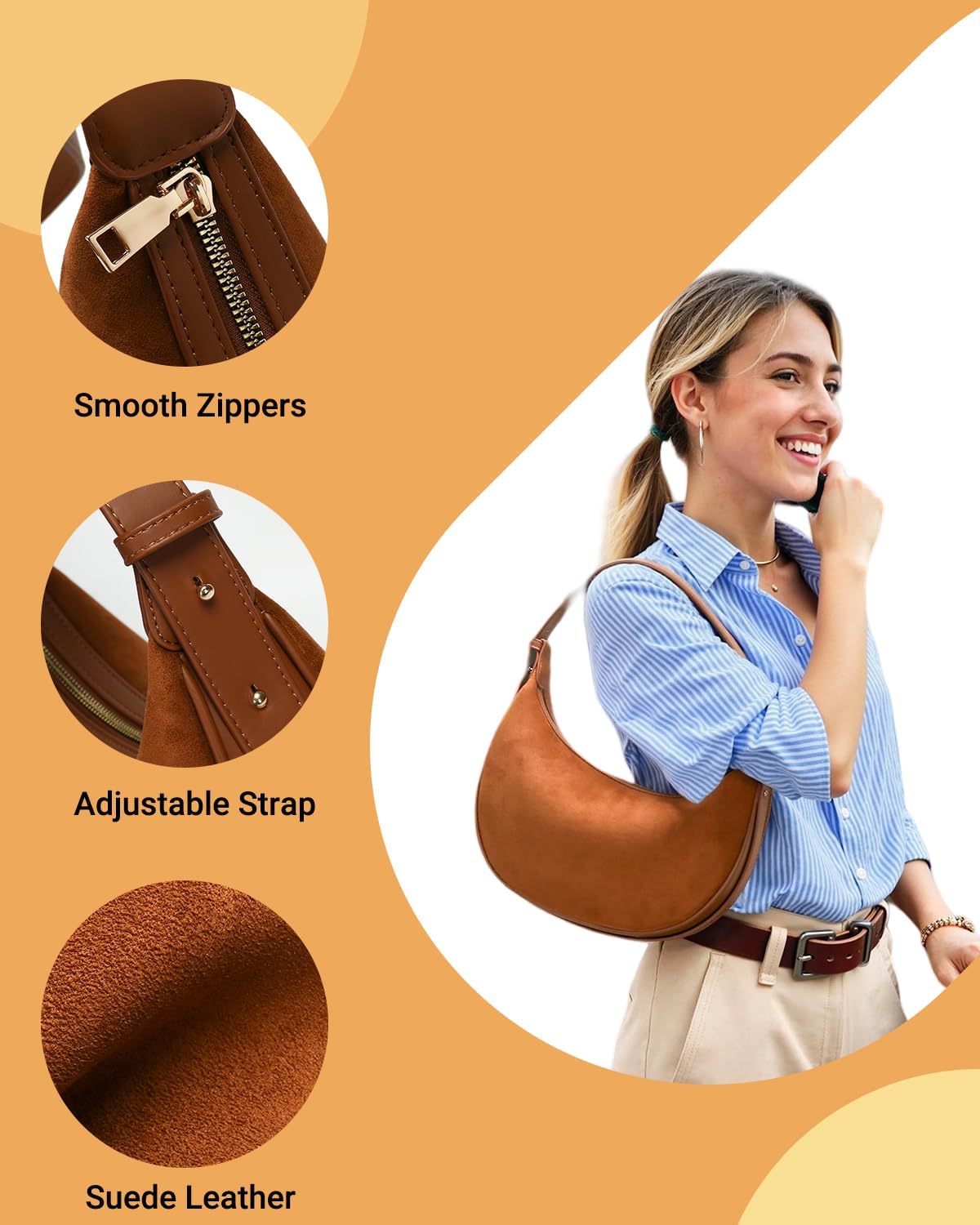 Herald Suede Crossbody Bag for Women, Vintage Hobo Handbag Crescent Shoulder Purses with Adjustable Strap Winter Fall - Image 2