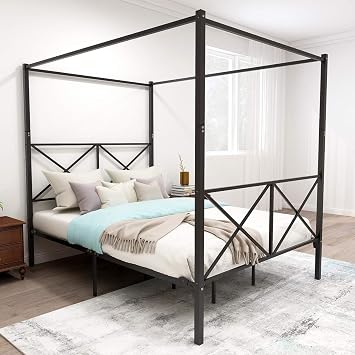Majnesvon Metal Canopy Bed Frame Metal 4 Posters 14 Inch Platform with Built-in Headboard Strong Metal Slat Mattress Support, No Box Spring Needed, Black, Queen
