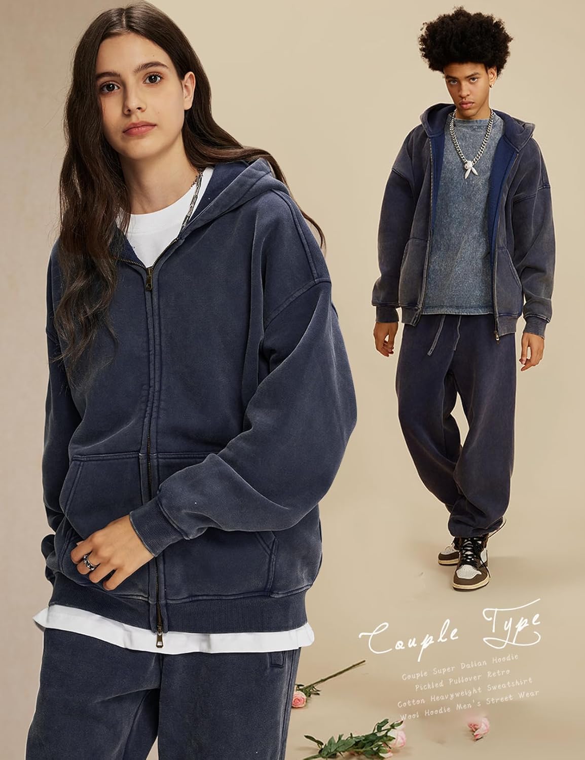 Arssm Mens Oversized Zip Up Hoodies Jackets Fleece Vintage Acid Wash Cotton Heavyweight Distressed Sweatshirt - Image 3