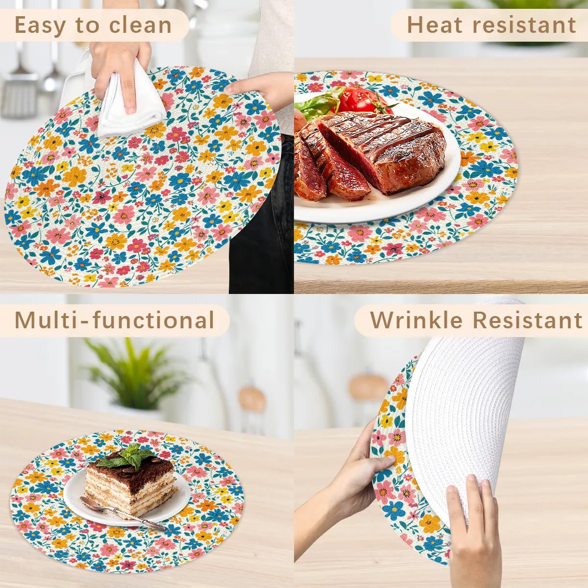 2 Tovagliette Americane Rtonde Intrecciate In Cotone 12 Cm Con Dettaglio Fiore: Sottopentola E Sottobicchiere Per Cucina Shabby Chic (Blu)