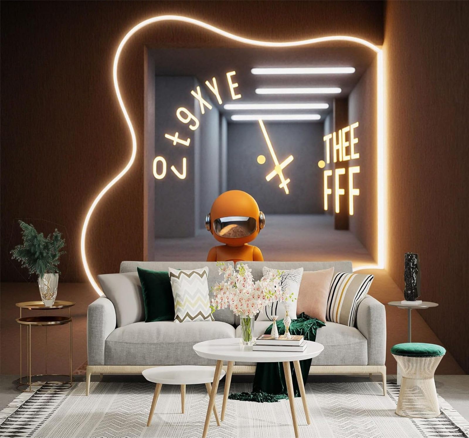 XLMING Creative Orange Robot Lighting Tunnel Spatial Extension 3D Wallpaper Silky Texture Home Study Office Grey Dining Room Sofa Bedroom Living Room TV Backdrop-250cm×170cm