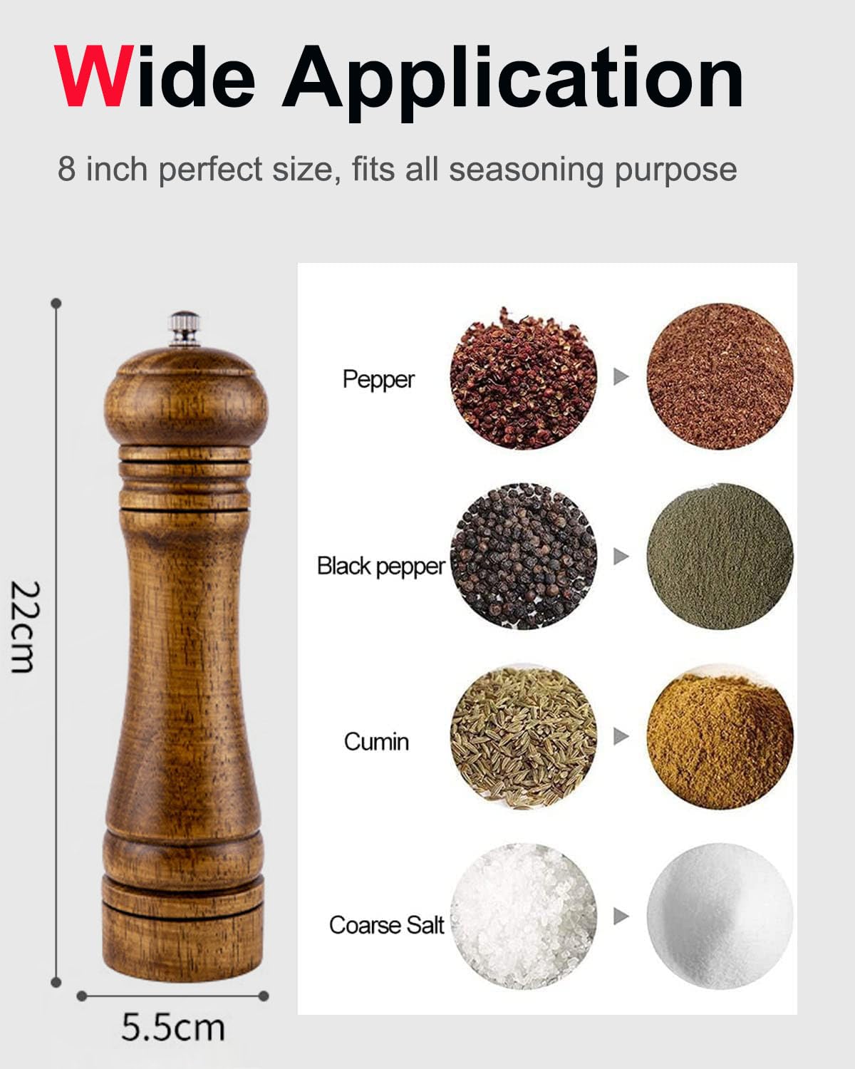 Molinillo de pimienta, molinillo de sal, molinillo de pimienta de madera con grueso ajustable, 8 pulgadas de alto, de madera recargable, manual, molinillo de pimienta para pimienta negra 5