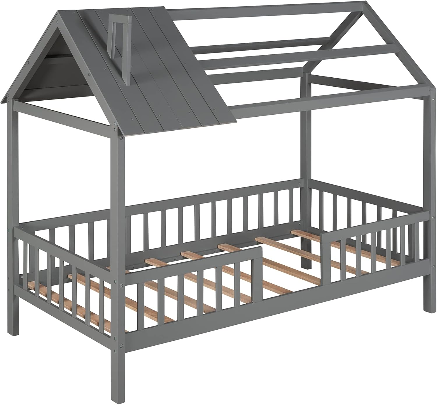 Danxee Wooden Tent Bed with Roof and Chimney Design for Toddlers, Twin Size House Beds with Fence for Kids, Wood Loft Bed Frame Bedroom Furniture for Girls Boys (Gray)