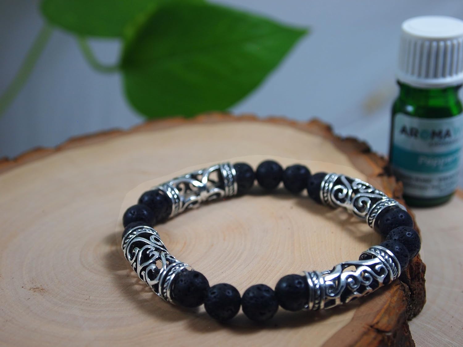 Beaded Bracelet - Sterling Silver Charm with Lava Rock - Pink Stone - Handmade Bangle - Cuff - Unisex - Adjustable - Stretchy - Essential Oil Diffuser - Aromatherapy - Aroma Jewelry - Everyday - Gifts for Men - Womens Gift(Dyed Lava Rock+Sterling Silver)