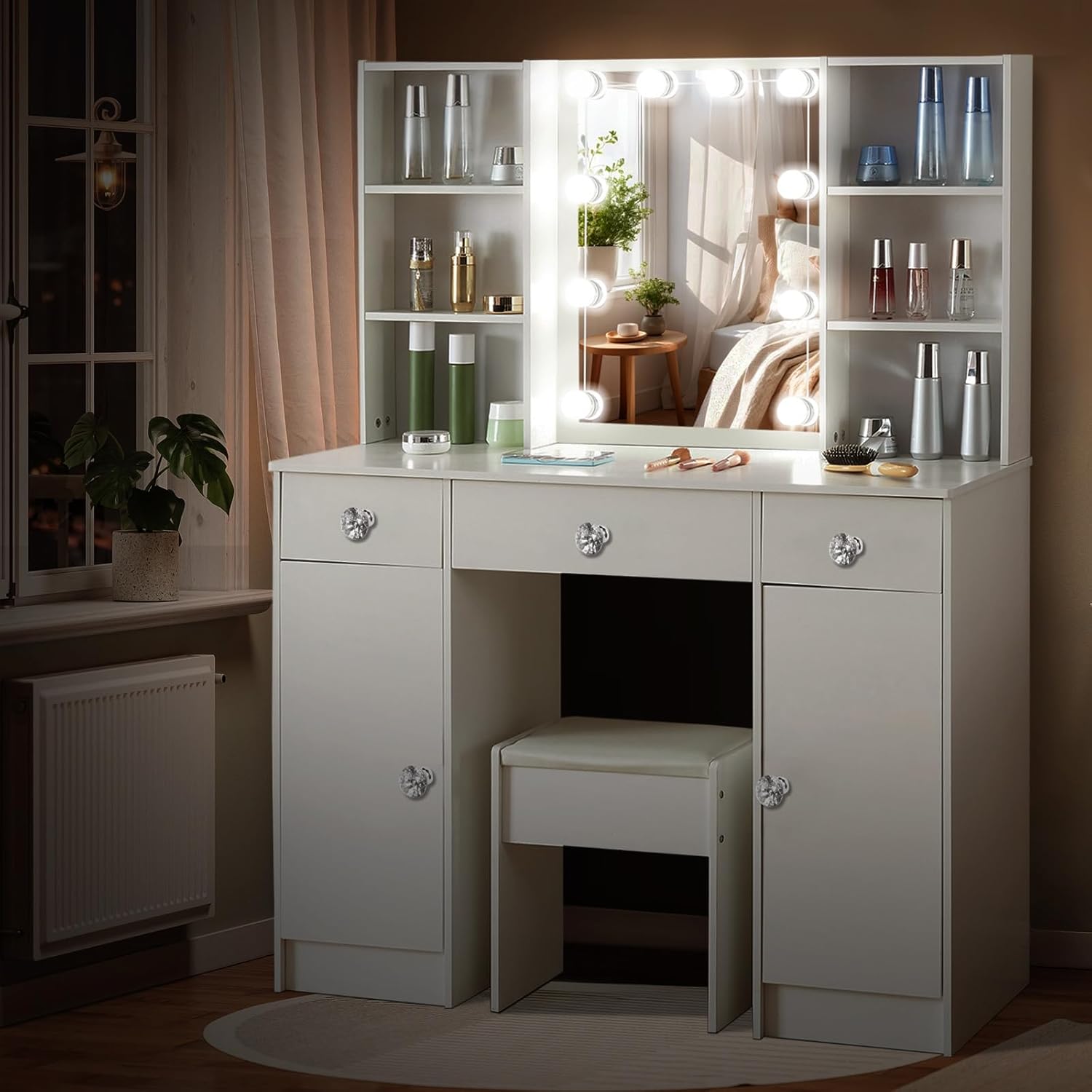 Vanity Desk with Mirror and Lights, Makeup Table Table with 3 Drawers and 2 Doors, Makeup Table with Shelves and Stool, Large Vanity Set for Girls and Women, White