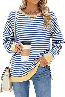 ZPLxi Women's Striped Oversized Sweatshirt Loose Crew Neck Long Sleeve Color Block Slit Shirts Pullover Casual Hoodies 2025