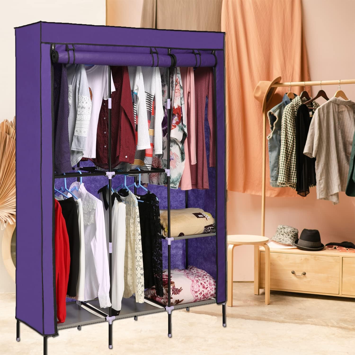 OPPSDECOR Portable Clothes Closet, Wardrobe Storage Closet Portable Closet Organizer with 5 Hanging Rack, Easy to Assemble (Romantic Purple)
