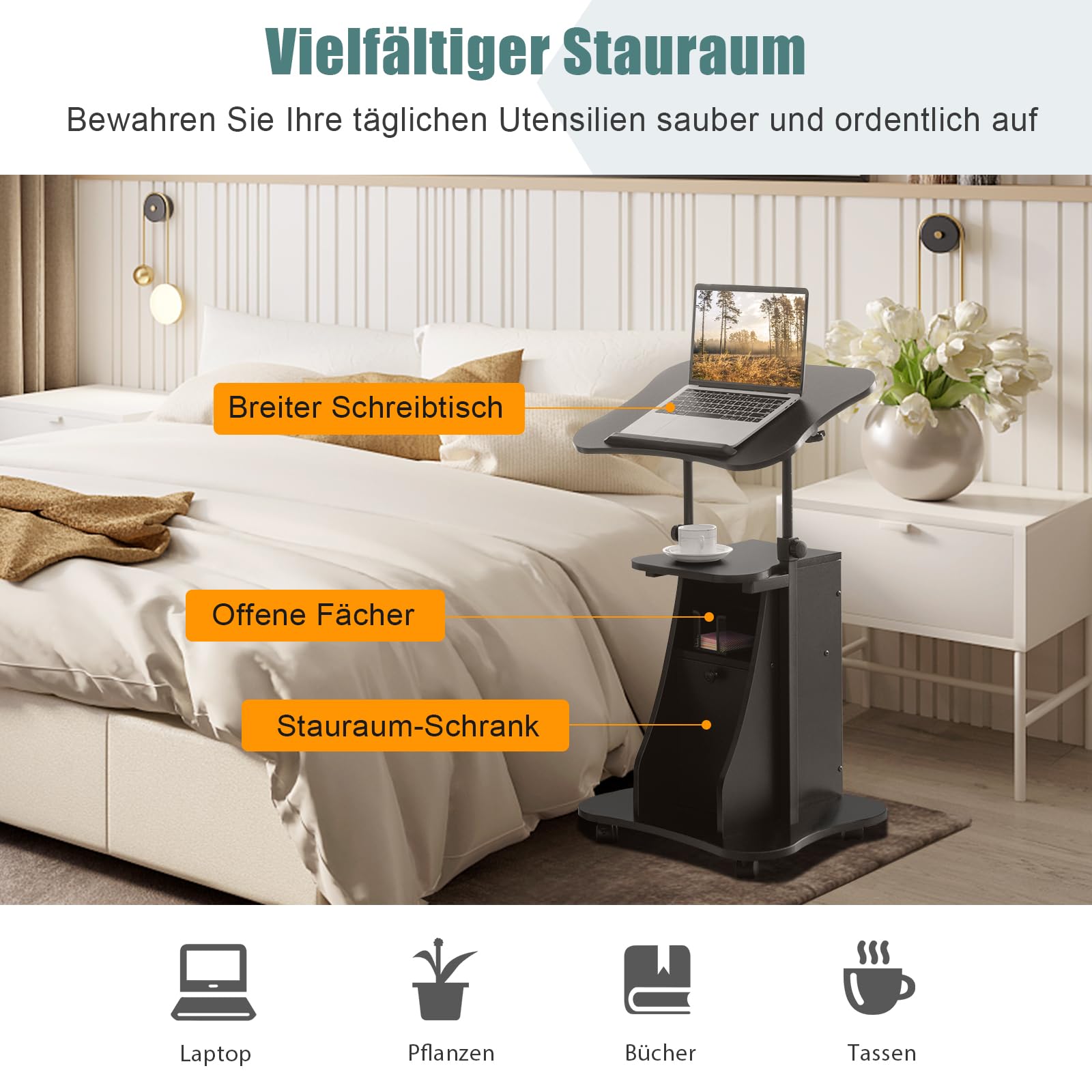 COSTWAY Mobiler Stehpult, höhenverstellbarer Rednerpult mit neigbarer Tischplatte & Schrank, Schreibpult zum Stehen oder Sitzen, Stehtisch auf Rollen für Heimbüro, Schwarz