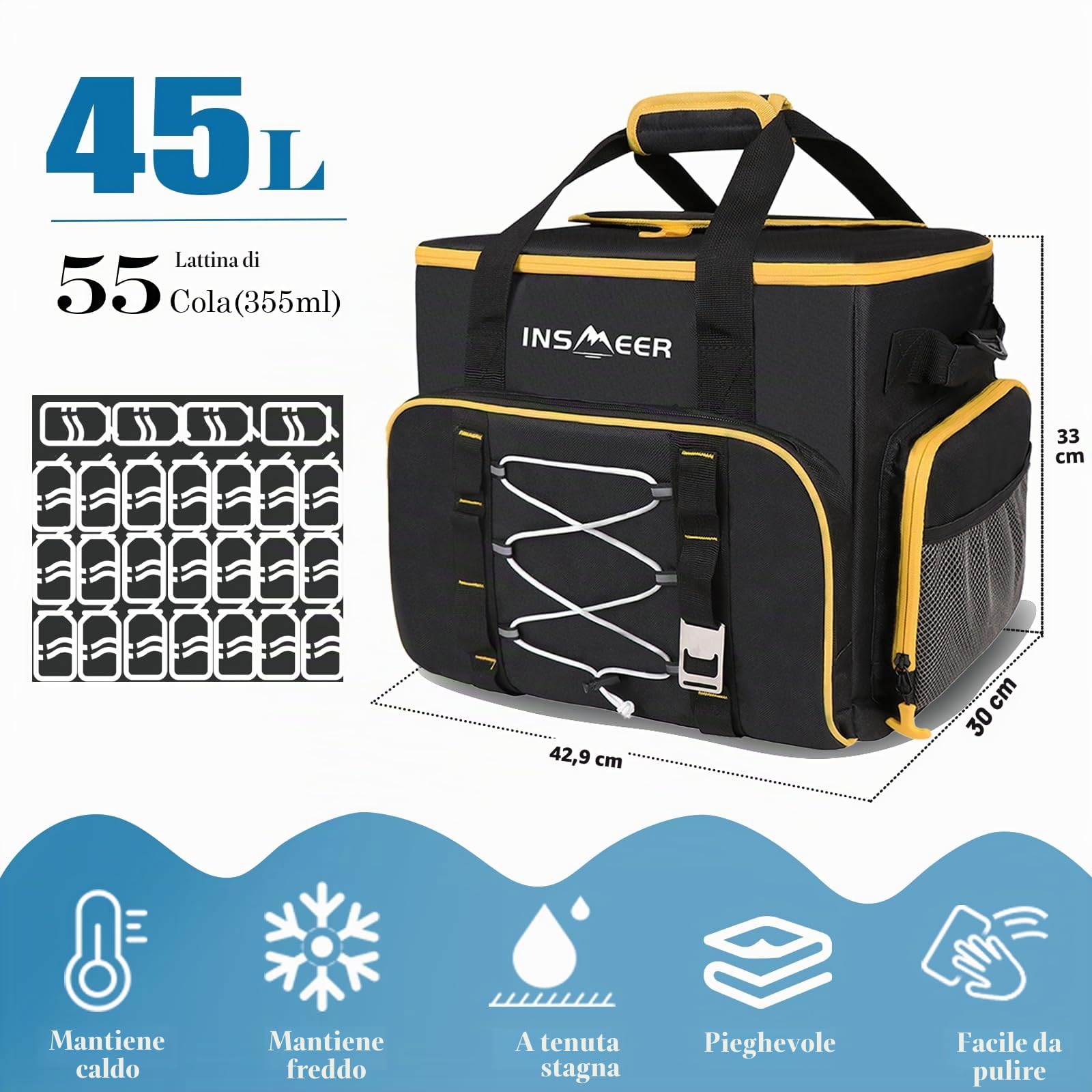 INSMEER 48L/55L Soft Cooler, 55/80 lattine pieghevoli a fondo duro, grande borsa termica morbida, baule isolato a prova di perdite, per spiaggia, campeggio, shopping, viaggio in auto