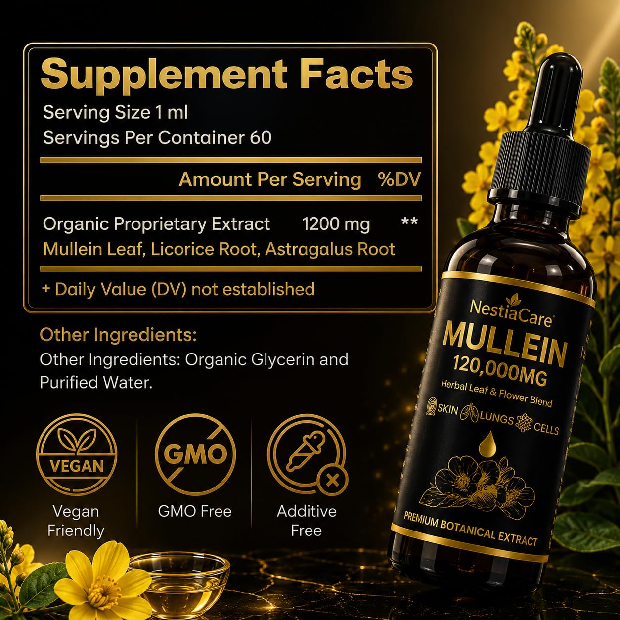 Mullein Drops for Lungs | Mullein Leaf Extract | Alcohol-Free Herbal Liquid | Lung Cleanse | 1200mg | 2 Fl Oz — Amazon image 6