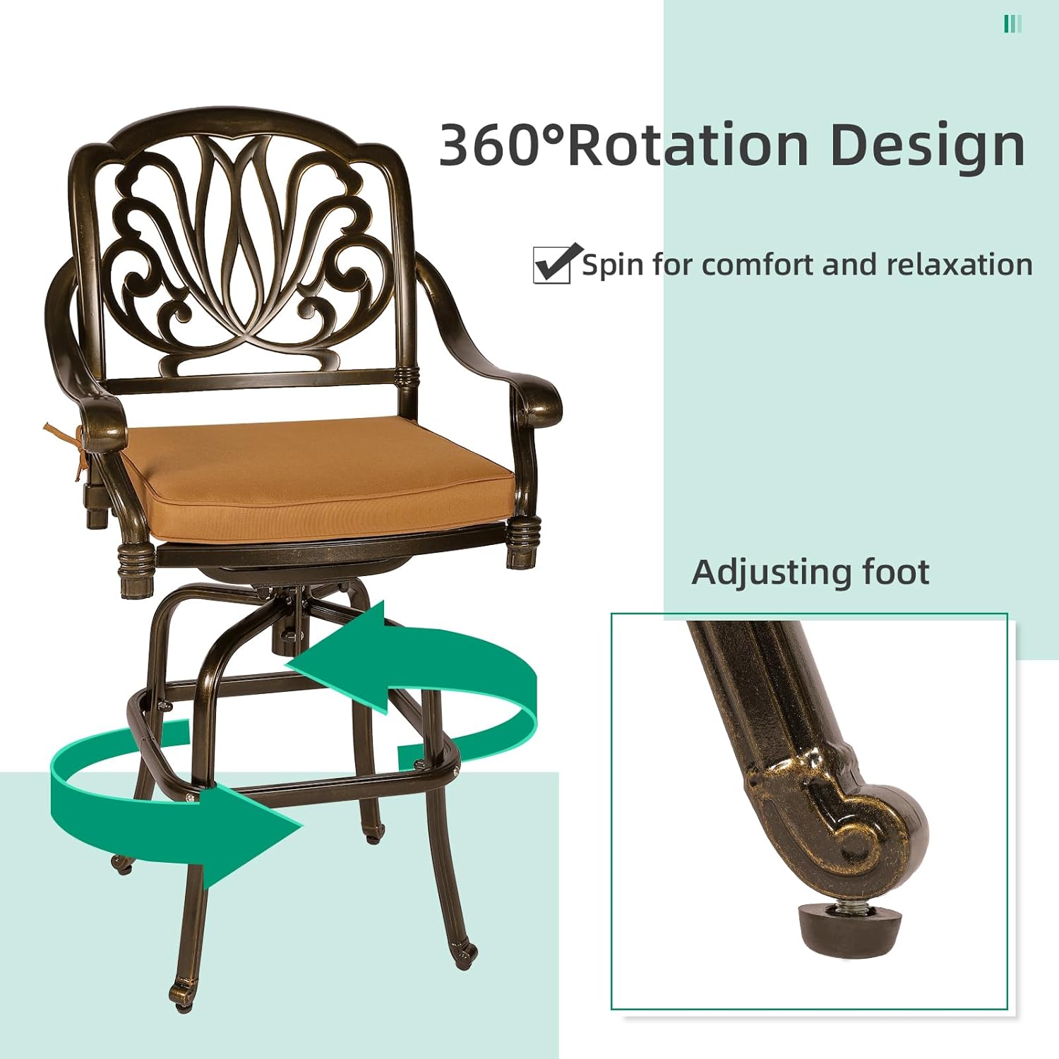VIVIJASON 5-Piece Patio Swivel Bar Stools Set, All Weather Cast Aluminum Outdoor Bar Height Bistro Set with 4 Cushioned Bar Chairs & 38.5" High Bar Table w/Umbrella Hole for Backyard, Lawn, Garden