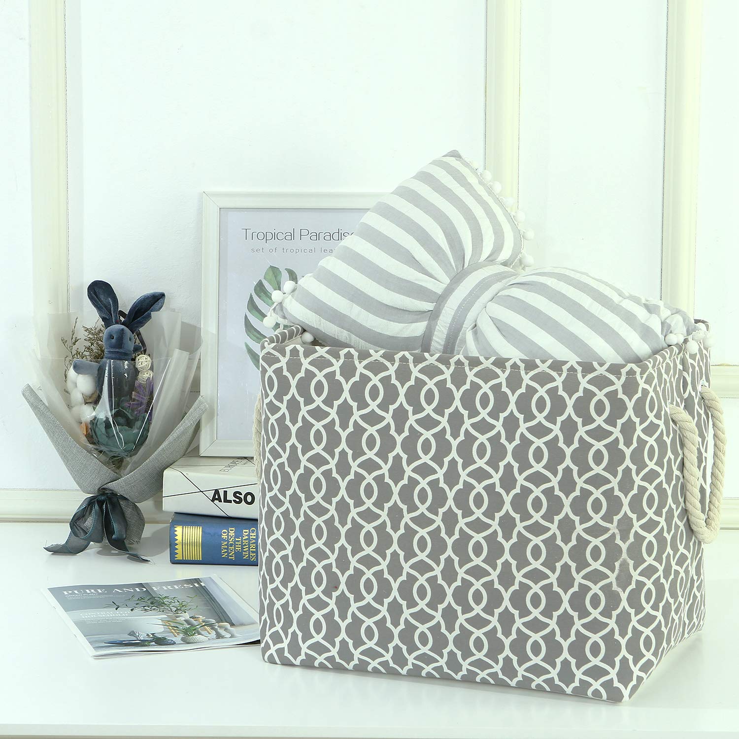 Sea Team Thickened Canvas Fabric Storage Basket with Cotton Rope Handles, Rectangle Storage Bin Organizer, 16.5 x 12 x 13 Inches, Cool Grey