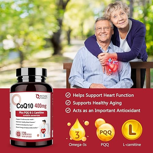 Miniatura 6 de NATURE TARGET CoQ10-400mg con PQQ, Omega-3s y L-Carnitina, Coenzima Q10 de alta absorción con BioPerine, Apoya el corazón, el cerebro, el sistema