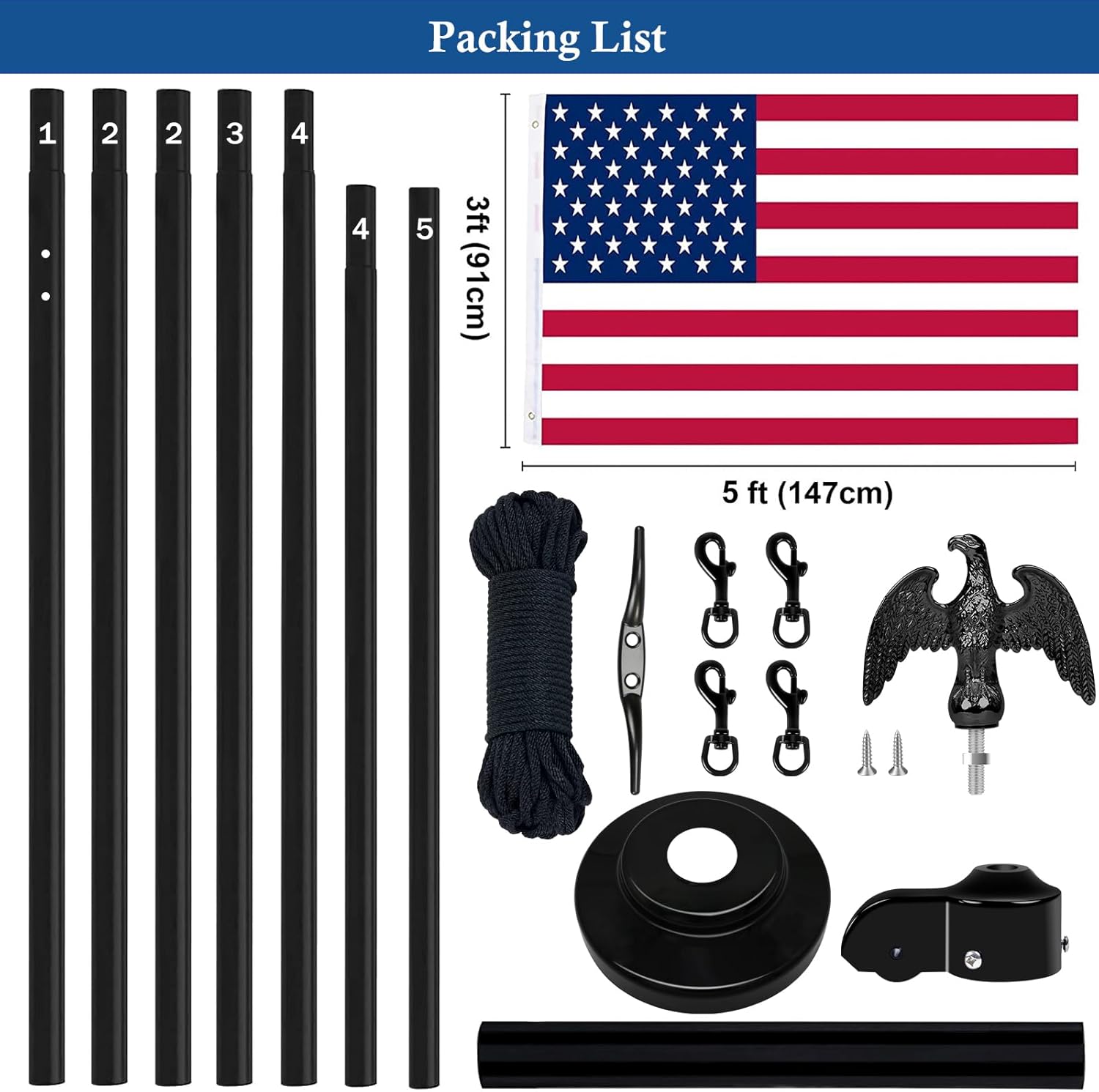 NQ 20FT Flag Pole in Ground for Outside House,14 Gauge Aluminum Flag Pole Kit with Eagle Topper and Flagpole Collar Base, Sectional Flagpole Outdoor with US Flag (Black)