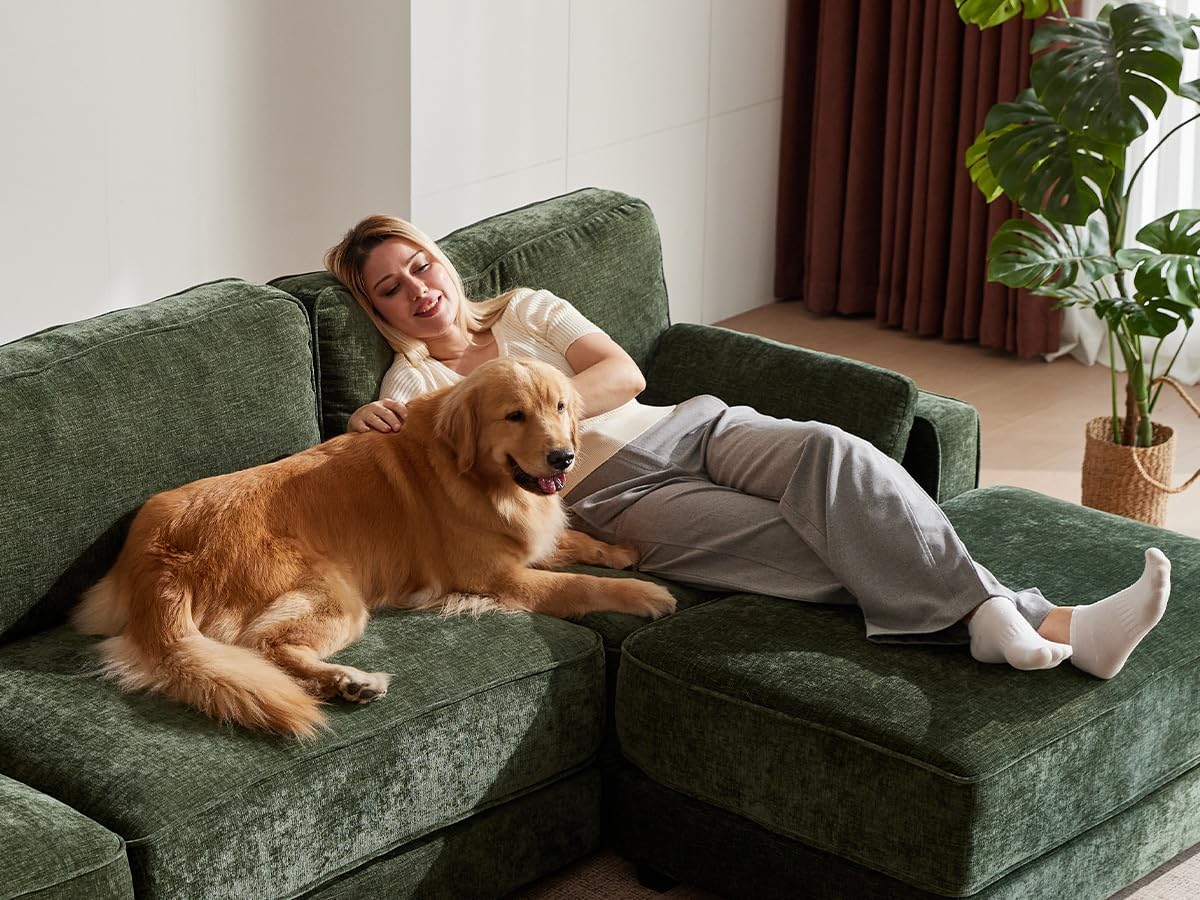 Vipbear 120" Chenille Oversized Modular Sectional Sofa, L Shaped Couch Set with 2 Pillows, 4 Seat Comfy Cloud Couches with Movable Ottoman for Living Room, Bedroom and Apartment, Green