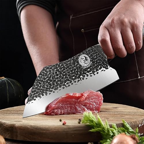 Miniatura 7 de LONGQUAN Cuchillo de carnicero de forja de 7.7 pulgadas, cuchillo de chef chino multifunción con mango de madera, cuchillo de carnicero ultra