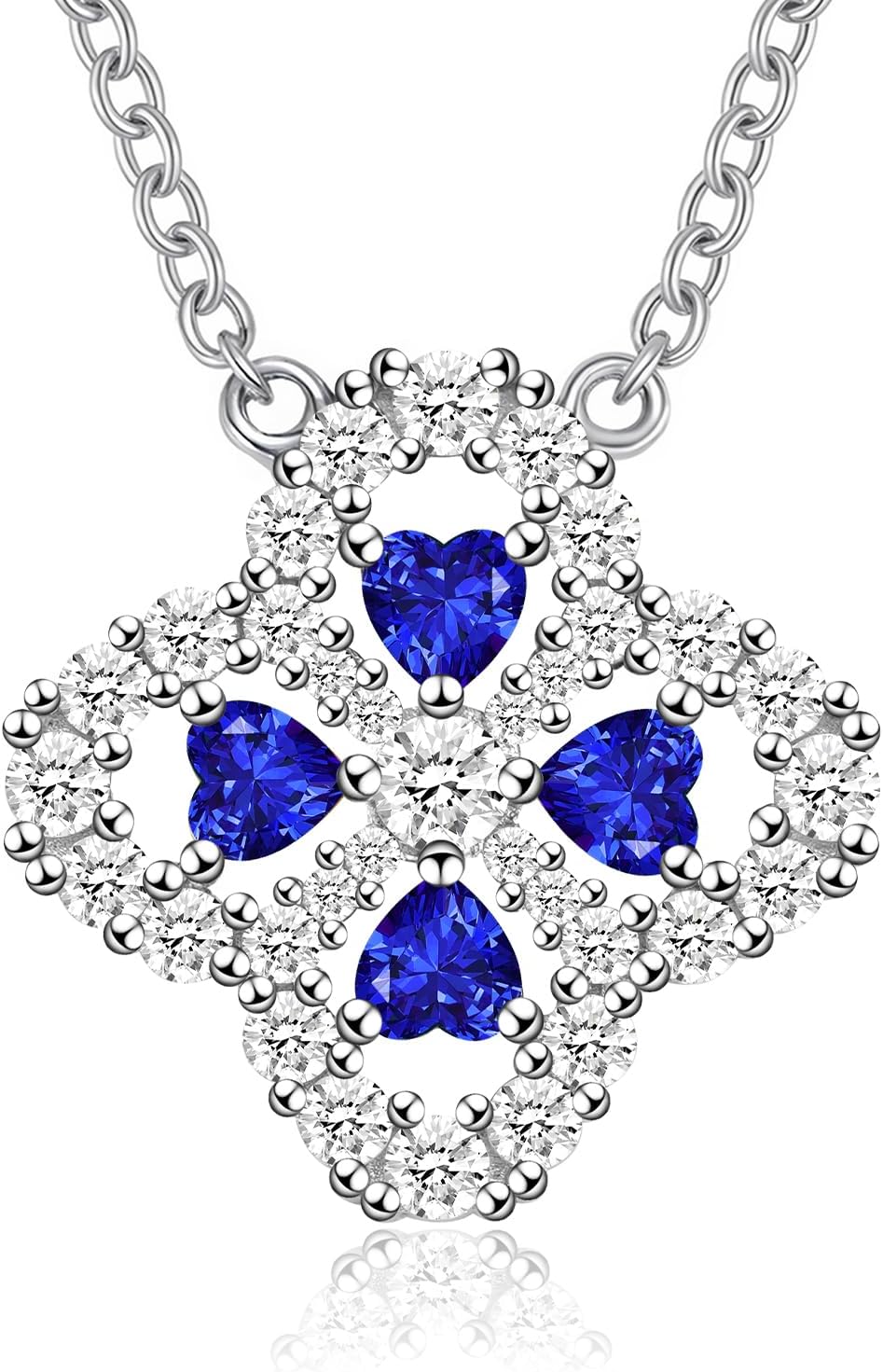 Valentine Necklace Gift for Her, 18K White Gold Plated Four Leaf Clover Lucky Charm 925 Silver Heart Birthstone Pendant, Protection Jewelry Birthday Friendship Saint Patrick Day Gift for Wife Daughter