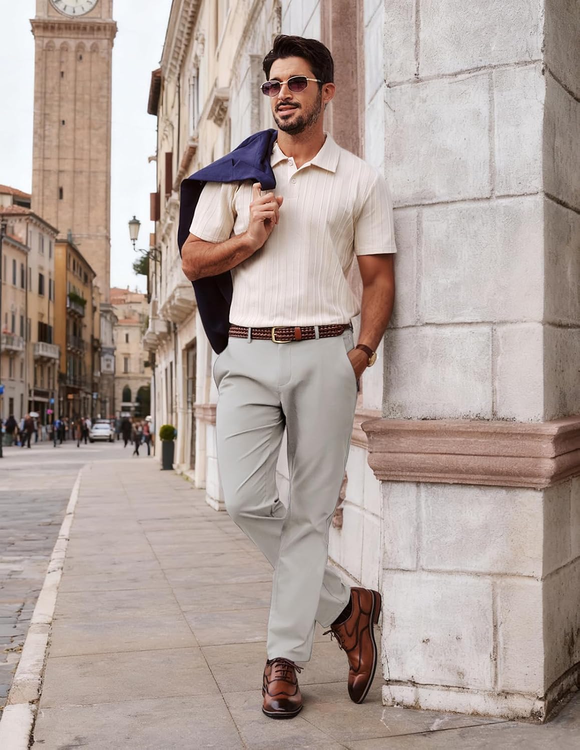 PJ PAUL JONES Mens Dress Pants 4-Way Stretch Tapered Trousers Extended Waist Dress Pant Casual Golf Pants - Image 3