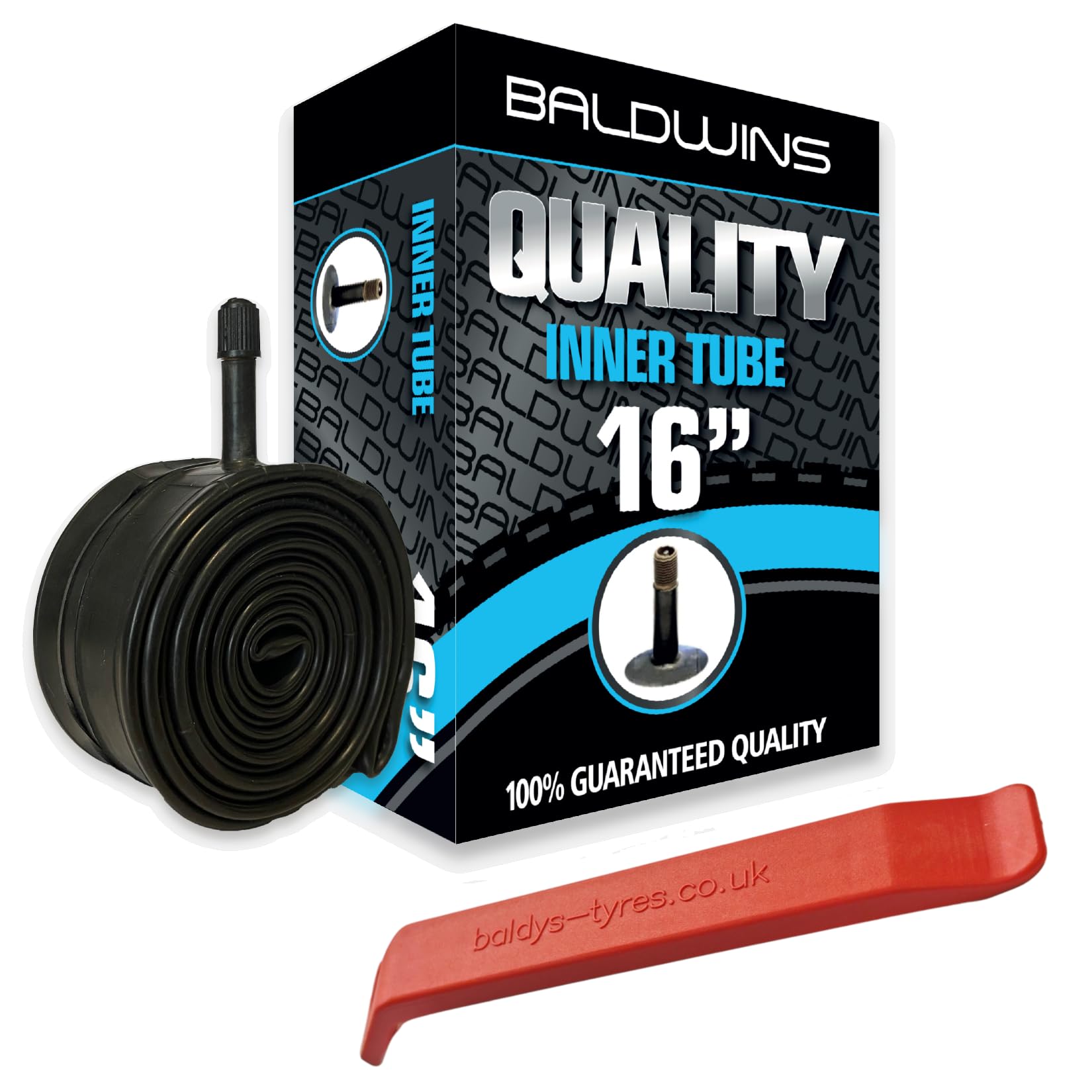Baldwins Bike Inner Tube 16 x 1.75 to 2.25 Schrader Valve & BALDY'S TYRE LEVER