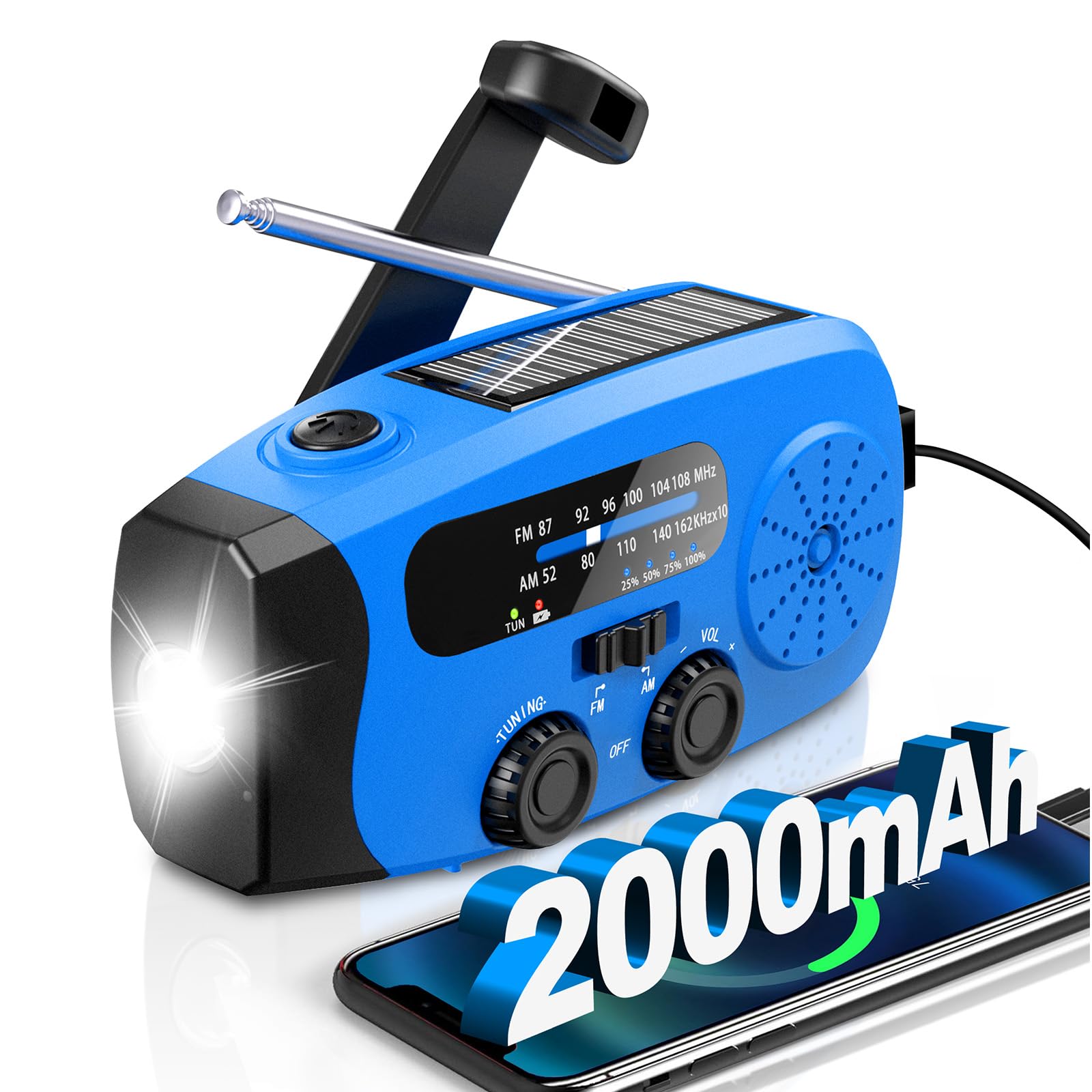 10000mAh/37000mWh Wind Up Solar Radio, AM/FM Hand Crank Emergency Weather Radio, 4 Charging Methods, Polymer Battery, Flashlight & Reading Lamp, SOS Alarm, Phone Charger for Emergency, Green — view 8