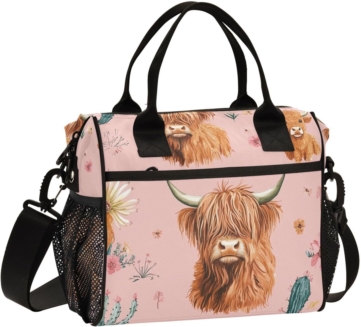 Highland Cows Pattern Floral Cactus Lunch Bag Reusable Lunch Box for Office Picnic Hiking Beach, Insulated Cooler Tote Food Container with Adjustable Shoulder Strap for Men Women Adults