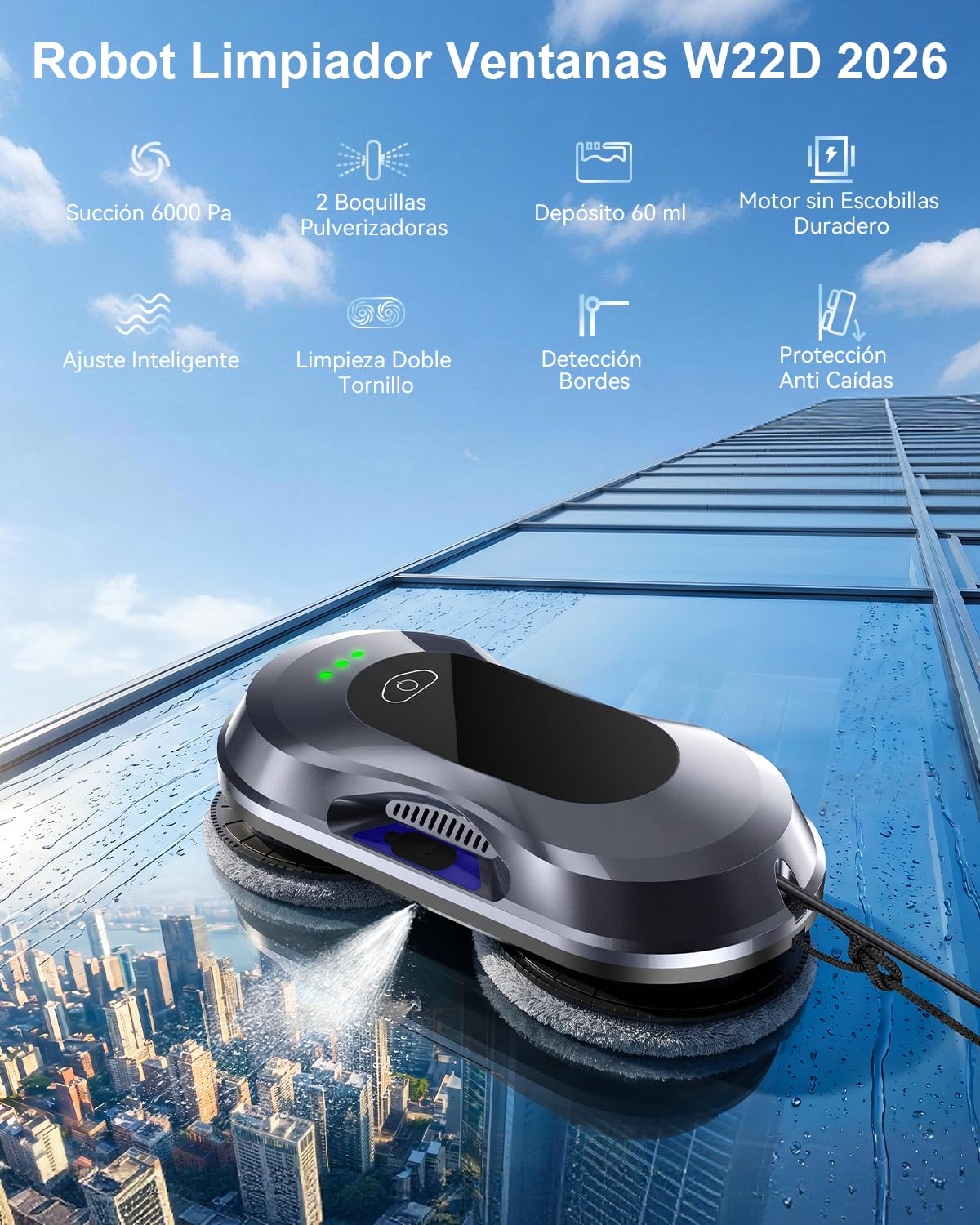 Keero Robot Limpiacristales, Lavado de Ventanas con Doble Boquilla y Potencia de Succión de 6000 Pa 2026 Mejorado, 3 Modos de Limpieza, Tanque de Agua 60ml, Limpia Cristales Electrico Ventanas