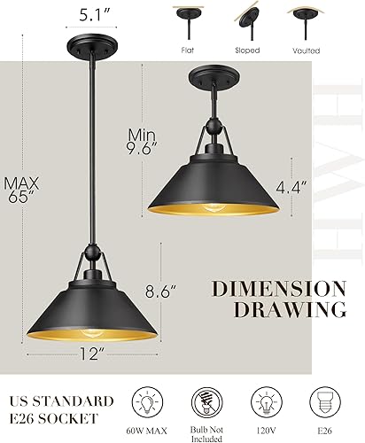 Miniatura 3 de HWH - Lámpara colgante de granero, 1 luz colgante de 12 pulgadas, luces colgantes industriales para isla de cocina, granja, comedor, acabado negro y