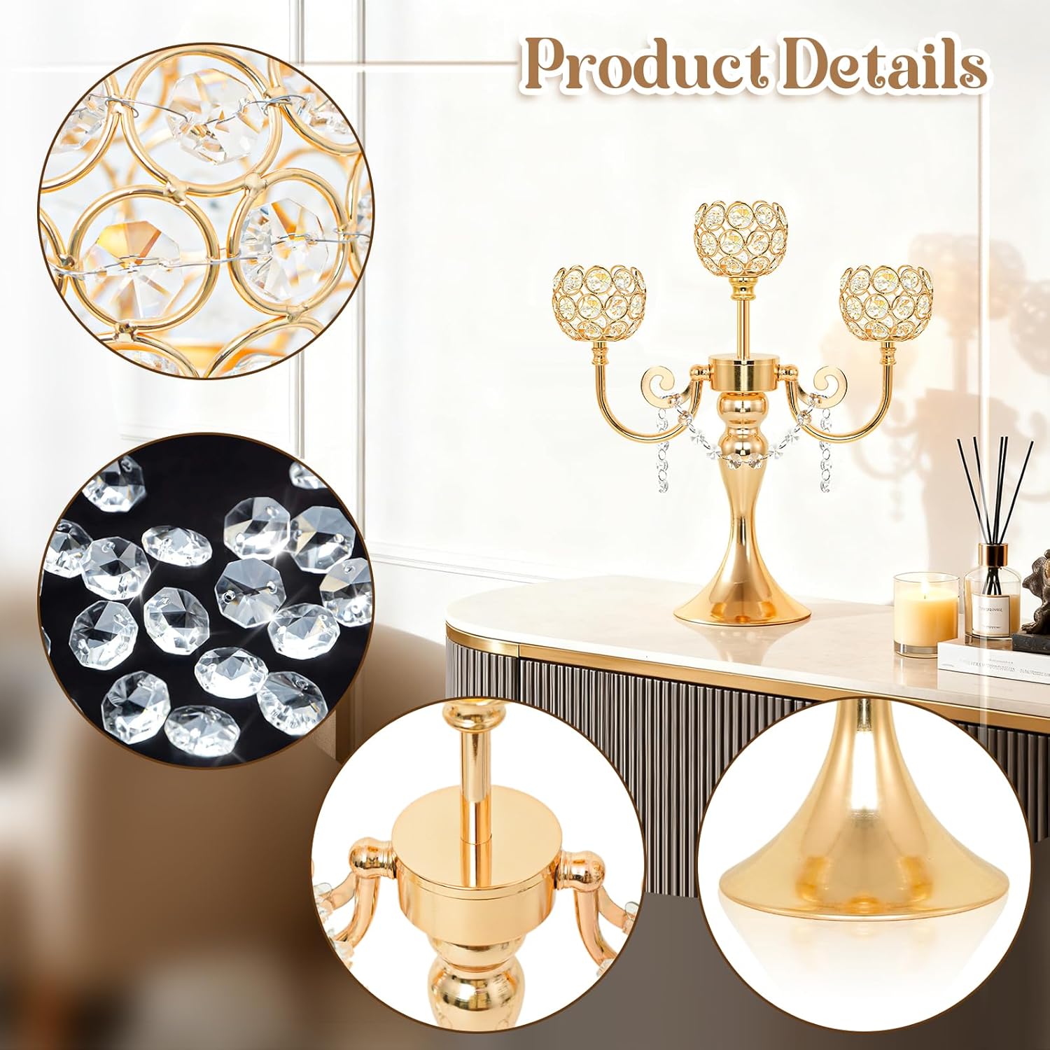 3 Arm Candlesticks Holder with Crystal Bowls - Gold Metal Tealight Candle Holder, Elegant Tabletop Centerpiece for Dining Table, Party, Birthday, Christmas & Home Decoration (2Pcs, Gold)
