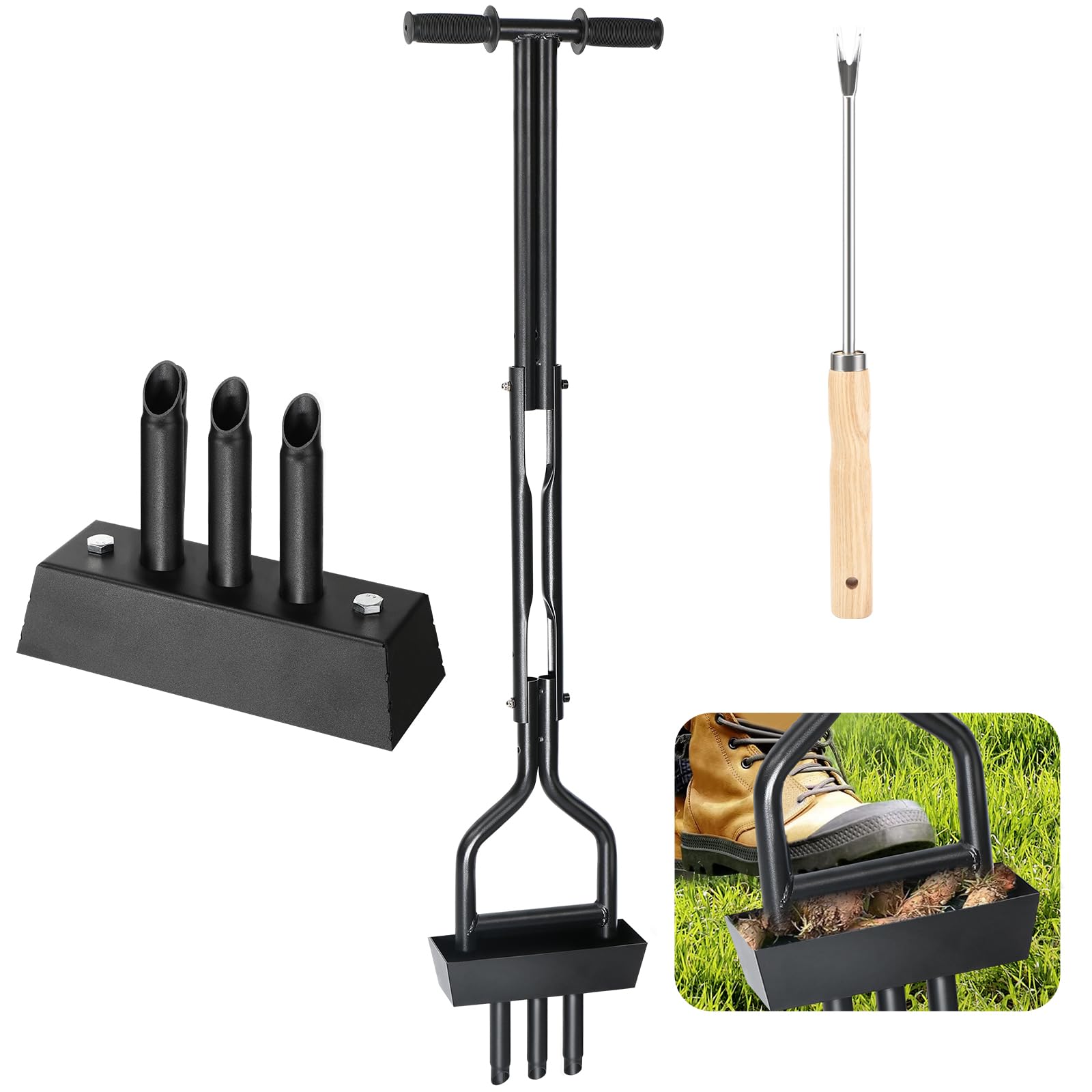 Aireador Cesped, 110cm Aireador Cesped Escarificador Cesped Manual, Aireador de Césped de Jardinería, Escarificador Cesped Manual para airear césped, Suelos con 3 Clavos de Acero Macizo de 10CM