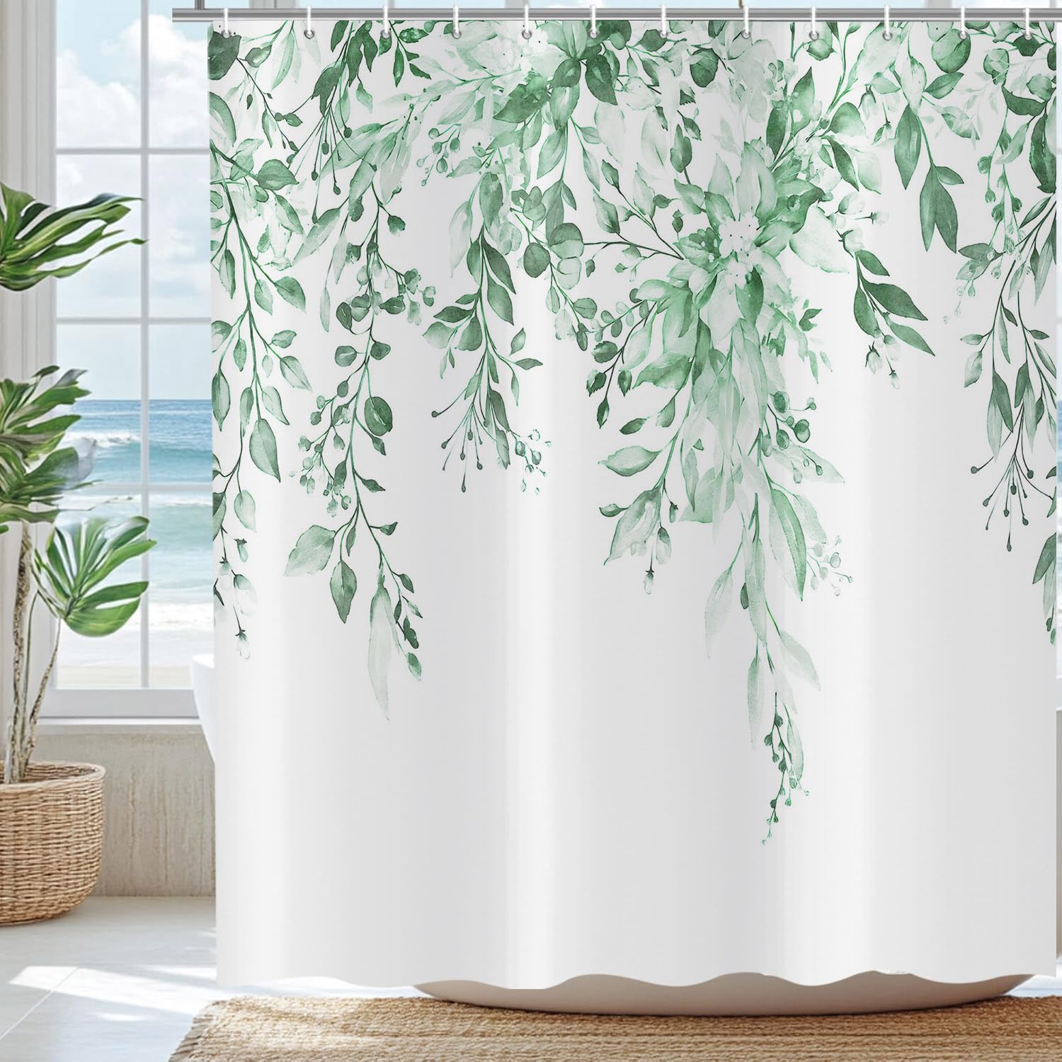 ASDCXZ Mint Green Eucalyptus Shower Curtain 120x180 cm, Spring Watercolor Eucalyptus Leaves Floral Plants Waterproof Bath Curtain Polyester Textile Washable Shower Curtains for Bathtub with 8 Hooks