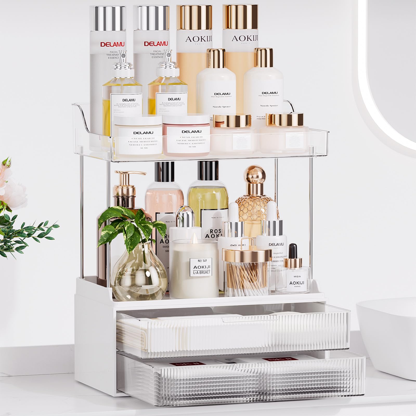 TidyStash Bathroom Counter Organizer, 2-Tier 2-Drawer Makeup Organizer Countertop, Easy to Install, Ideal for Bathroom Storage, Vanity, Perfume, Large Skincare Items, Present, and More, Clear