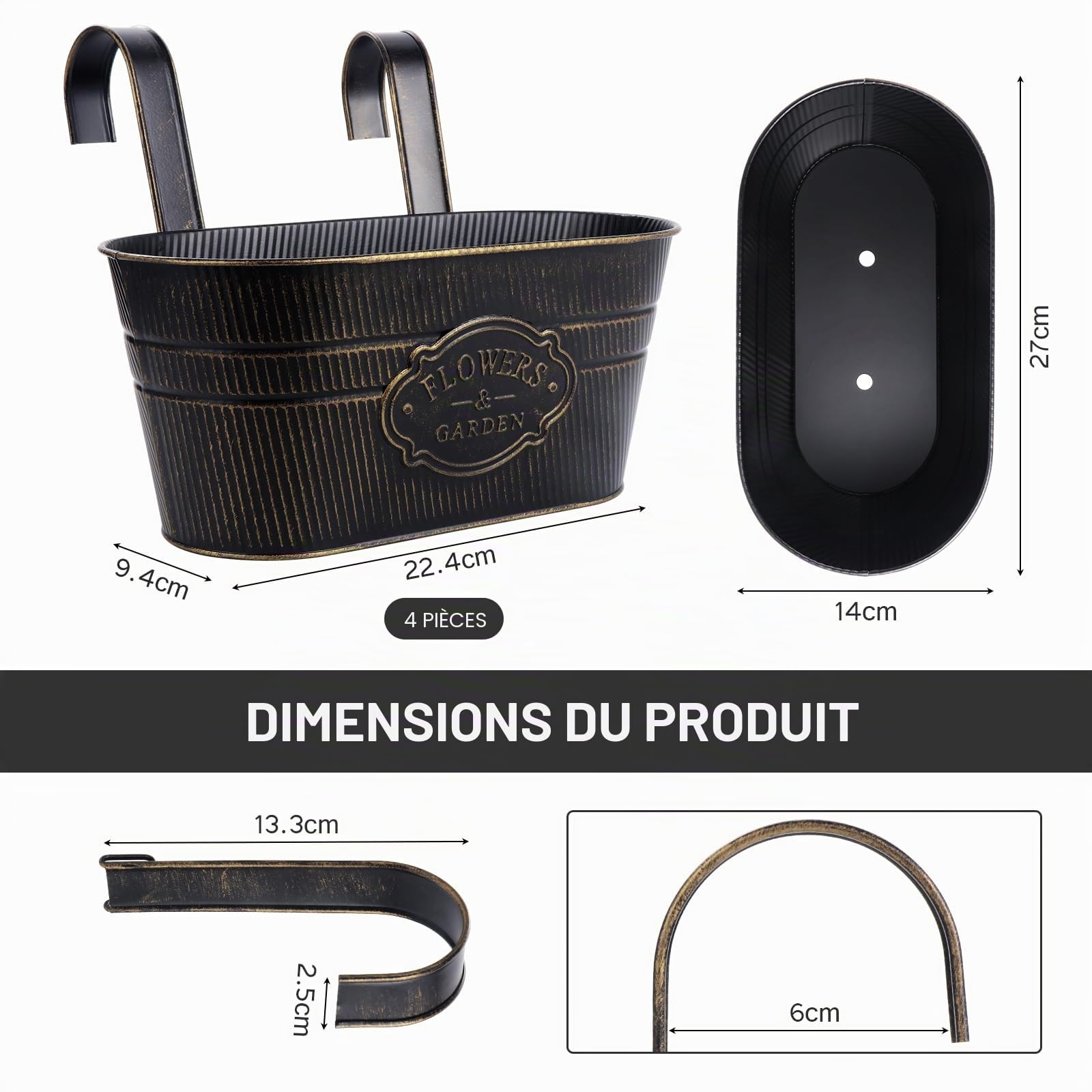 Lot de 4 Jardinières Suspendues Métal avec Crochets Amovibles pour Plantes Balcon Jardin