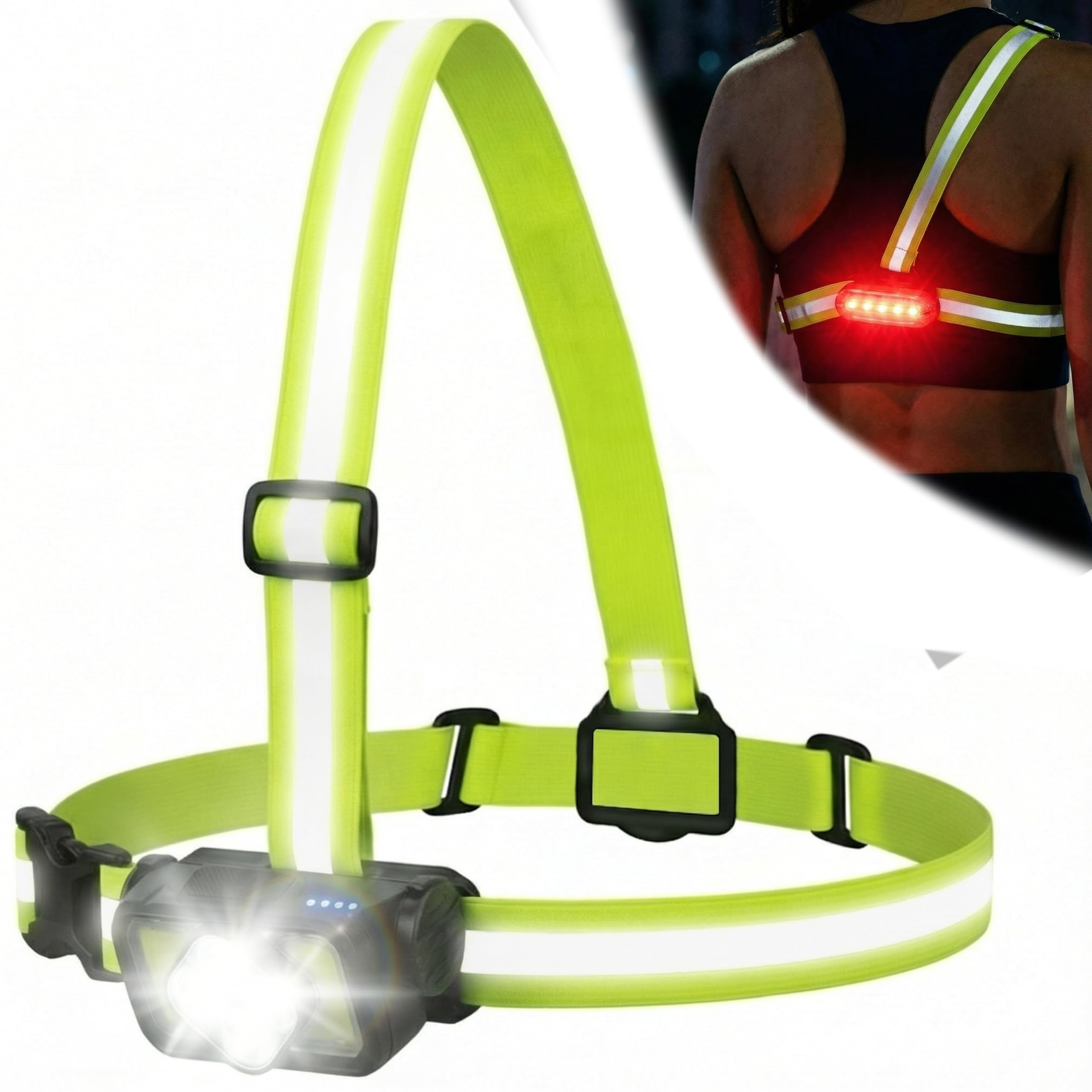 Lampada Pettorale Running LED Ricaricabile – Visibilità 360° Anteriore e Posteriore – Imbracatura Leggera Regolabile – Sicurezza Notturna per Corsa, Camminata e Bici