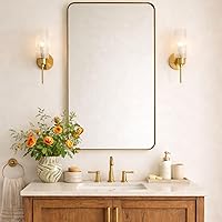 Vista 9 de GRACTO Espejo de baño con marco de metal dorado cepillado de 24 x 30 pulgadas para pared en acero inoxidable redondeado rectangular espejo