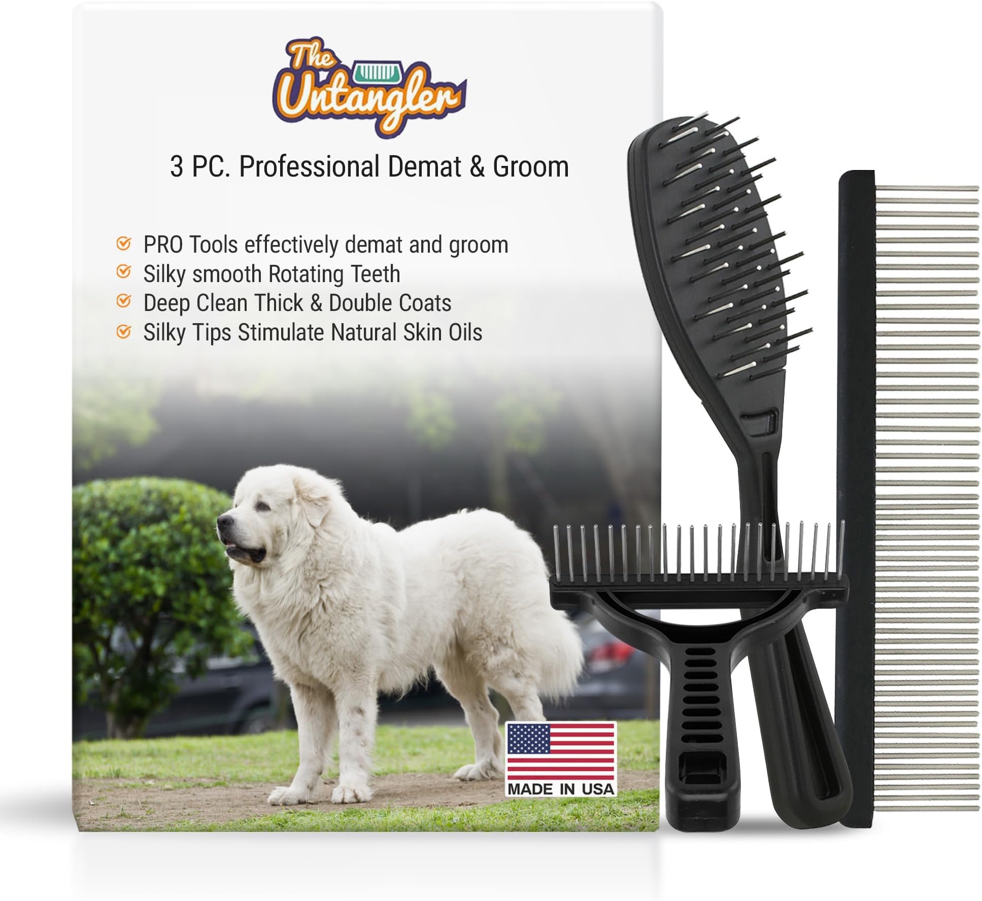 3 PC Professional Demat and Groom Set with Silky Smooth Rotating Stainless-Steel Teeth Designed for Deep Cleaning Large Breeds with Long, Thick and Double Coats