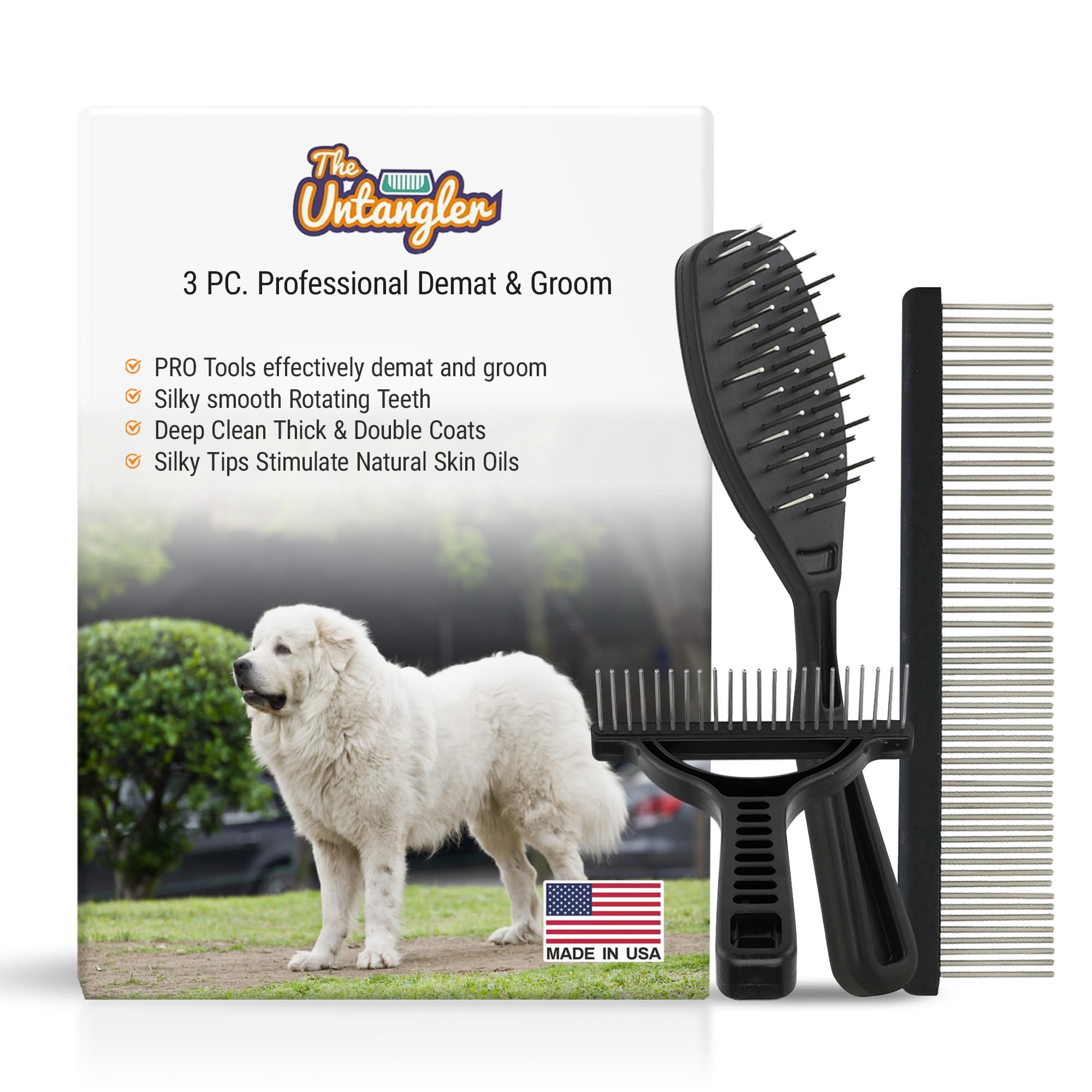 3 PC Professional Demat and Groom Set with Silky Smooth Rotating Stainless-Steel Teeth Designed for Deep Cleaning Large Breeds with Long, Thick and Double Coats