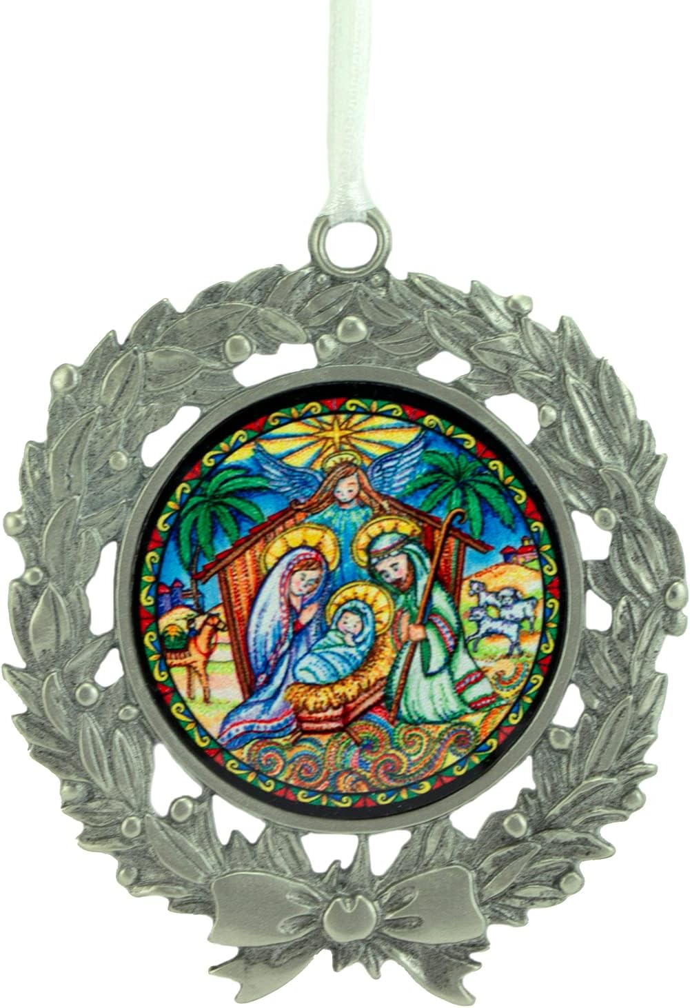 Nativity Wreath Ornament, Christmas Tree and Advent Decoration, 3-Inches by 3-Inches, Silver, by Abbey & CA Gift
