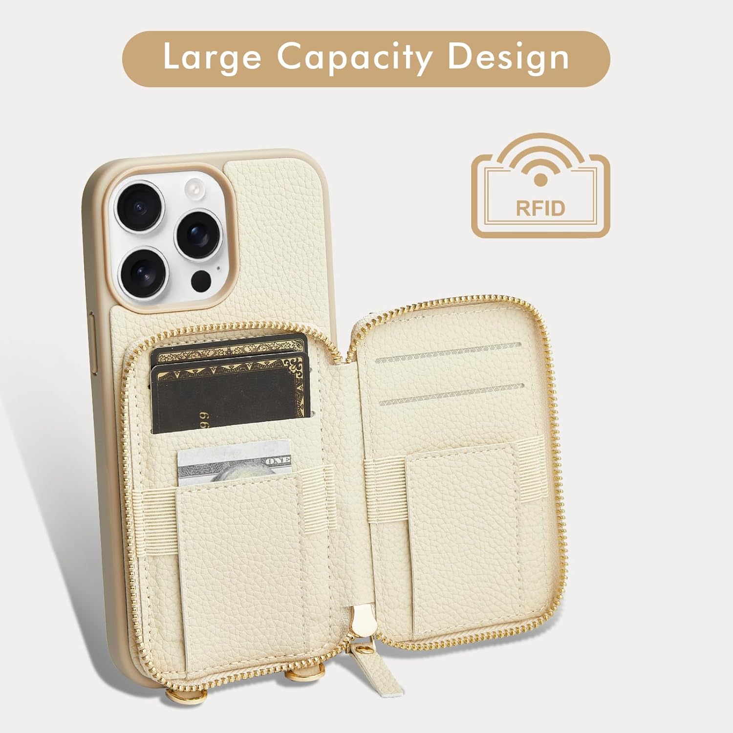 LAMEEKU for iPhone 15 Pro Max Wallet Case with Credit Card Holder, Zipper Leather Crossbody Case with Phone Grip Holder Stand for Women for iPhone 15 Pro Max 6.7 inch Beige - Image 2