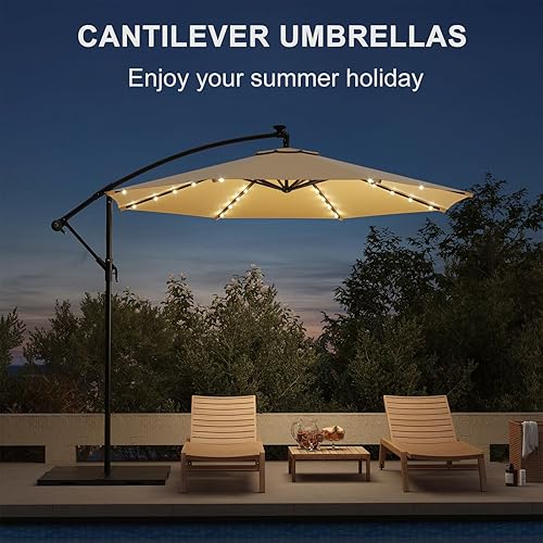 Miniatura 6 de EROMMY Sombrilla de patio con luz solar de 10 pies, sombrilla voladiza compensada para exteriores, inclinación infinita, manivela y base cruzada,