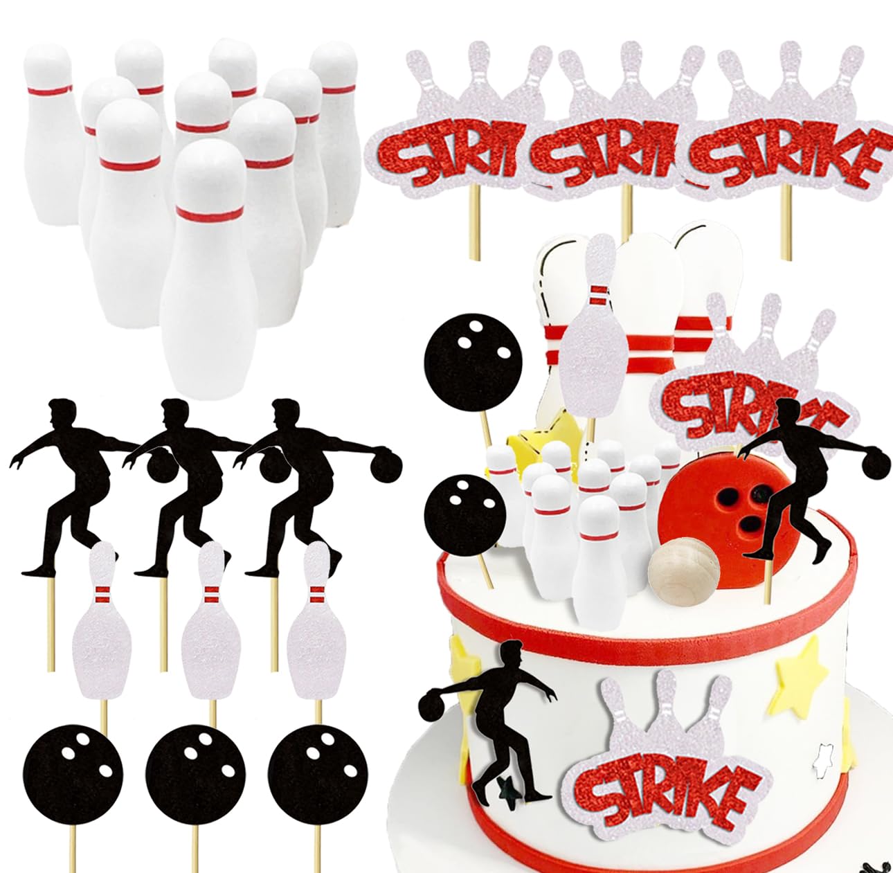 24 PCS Bowling Cupcake Toppers - Sport Party Cupcake Decor for Themed Birthday Party Cake Decor
