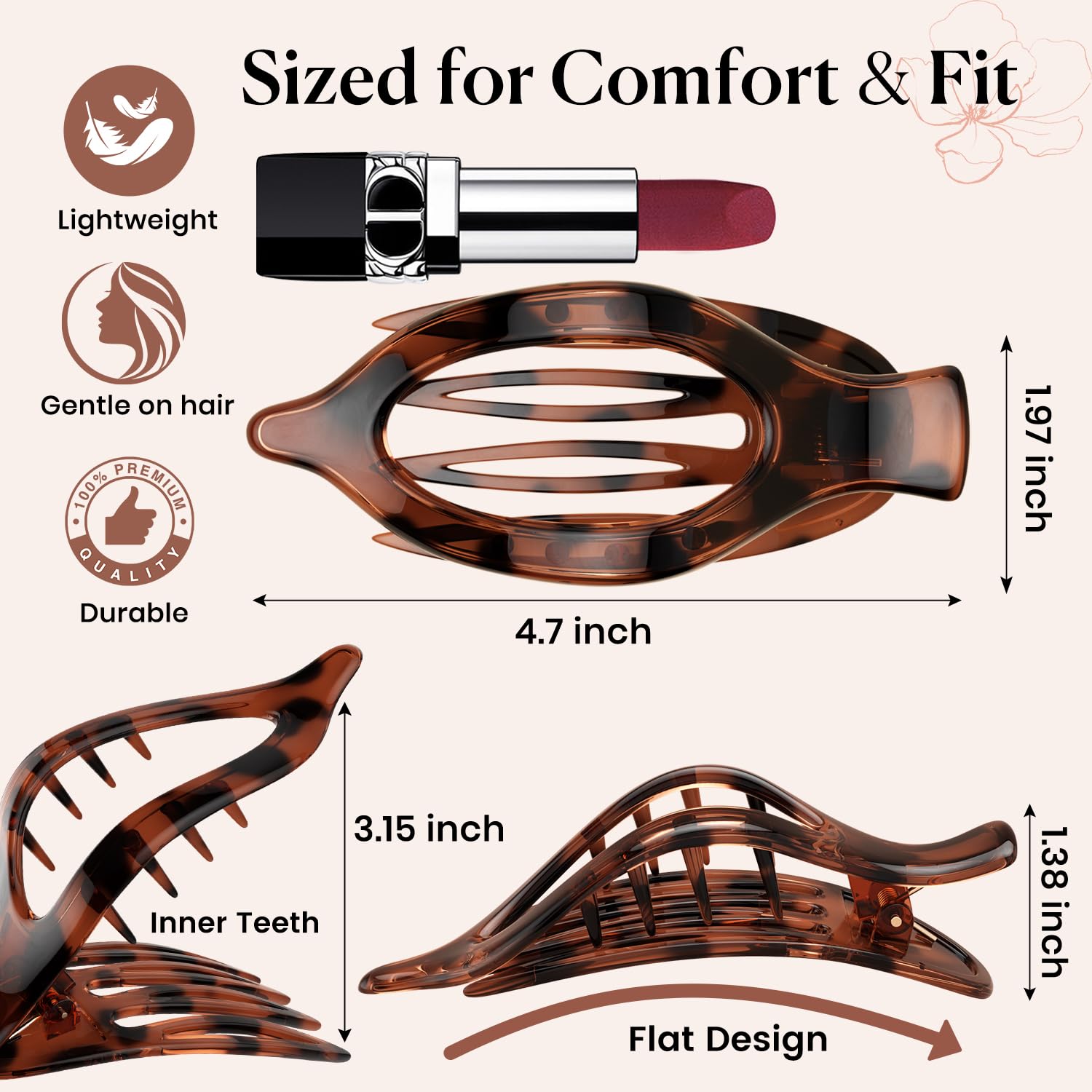 6 Large PCS Flat Hair Clips for Women - French Concord Flat Claw Clips for Thick Thin Hair, Comfortable Curved Lay Down Duckbill Clips, Leopard Print Non-slip Strong Hold Hair Accessories, Tortoise