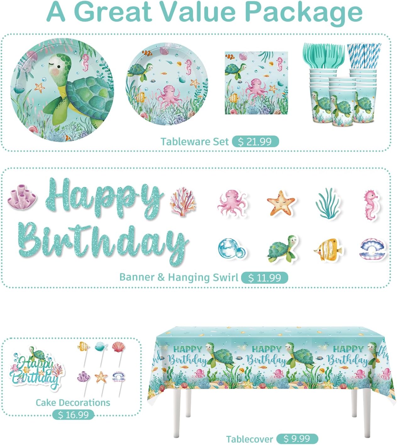 cocomigo 201 Pieces Ocean Party Decorations, All-in-One Sea Turtle Birthday Party Pack, Includes Banner, Plates, Tablecloth, Cake Toppers, Balloons, Under the Sea Decorations for 25 Guests image 3 of 7 B0DWDQP46M