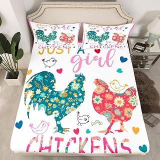 Chicken Twin Bed Sheets for Boys Girls Kids Cute Cartoon Animal Fitted Sheet Rustic Farm Chicken Bed Set Western Farmstyle Bedding Sets Farm Chicken Floral Print Bedding
