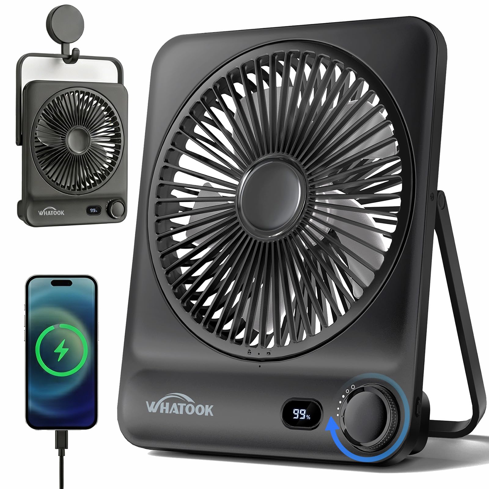 WHATOOK Desk Fan: 10000mAh Max 40+H Runtime Silent Portable Rechargeable Electric Fans with 1-100 Stepless Speed,15s Auto-sleep Display, USB C Fast Charge for Travel Office Bedroom Camping Essentials