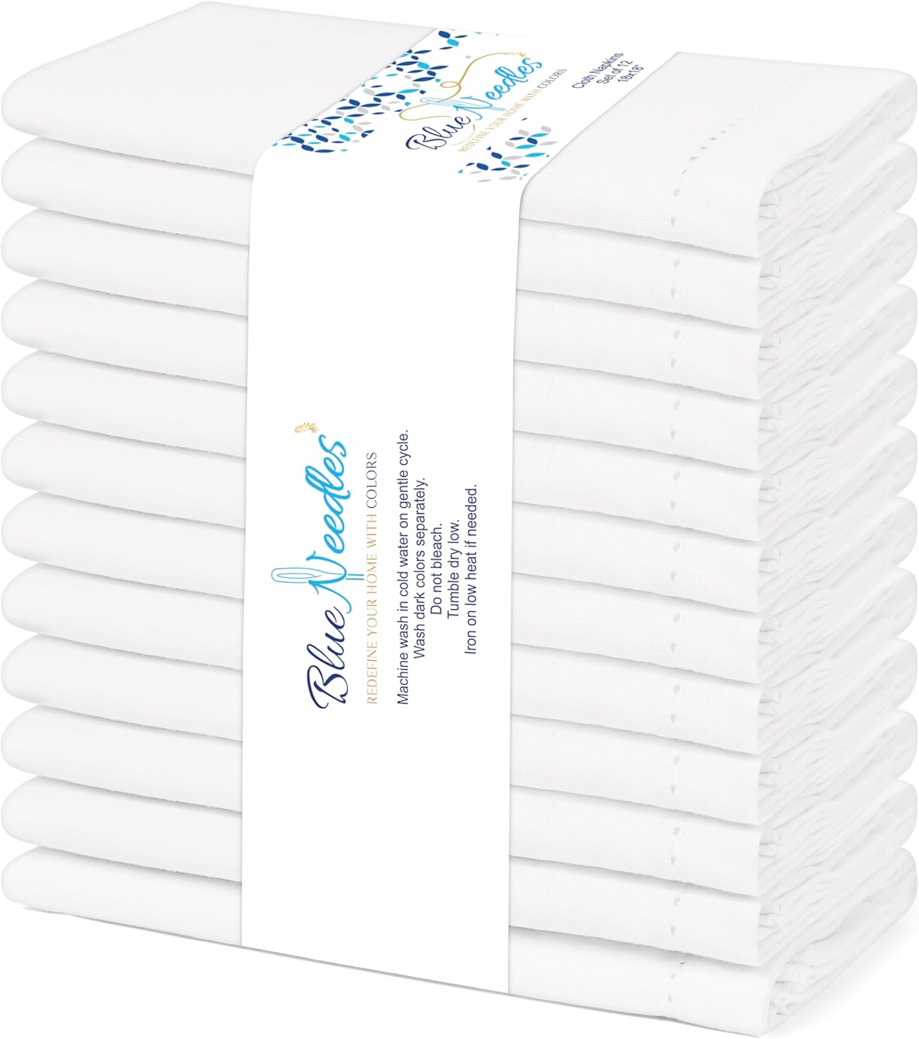 Blue Needles Set of 12 Hemstitch Linen Napkins 100% Cotton White Cloth Dinner Napkins 18x18 inches, Soft, Reusable, Absorbent, Washable, Ideal for Spring Summer Easter Events, Parties & Everyday Use