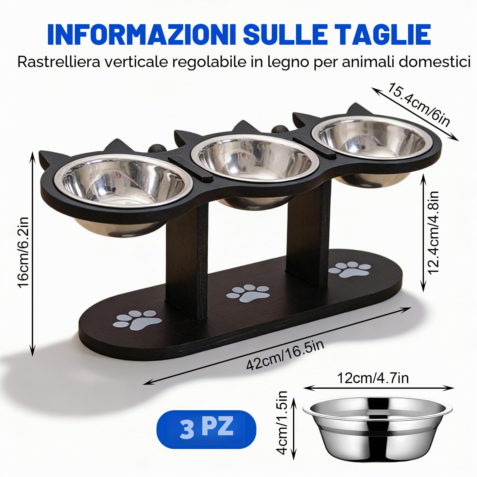 Ciotola per gatti rialzata, stazione di alimentazione con 3 ciotole in acciaio inox e supporto in legno, ciotola per gatti, inclinabile a 15°, ciotola per gatti in legno 3-in-1, stazione di