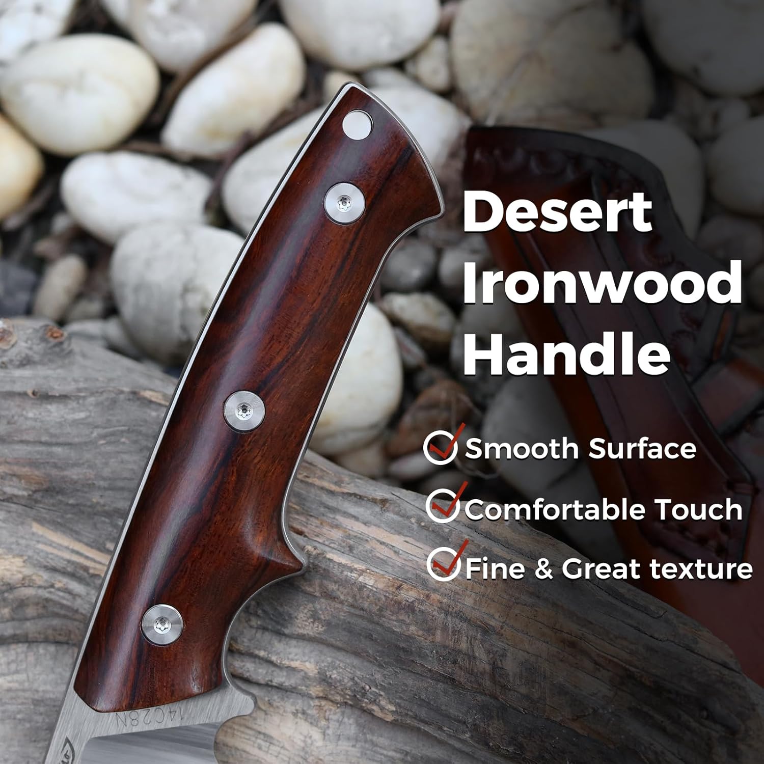 14C28N Steel Fixed Blade Knife with Leather Sheath, 4.9" Blade Full Tang Camping Knife with Ergonomic Desert Ironwood Handle, Survival Knives for Cutting & Boning, Best Collection Gift for Men