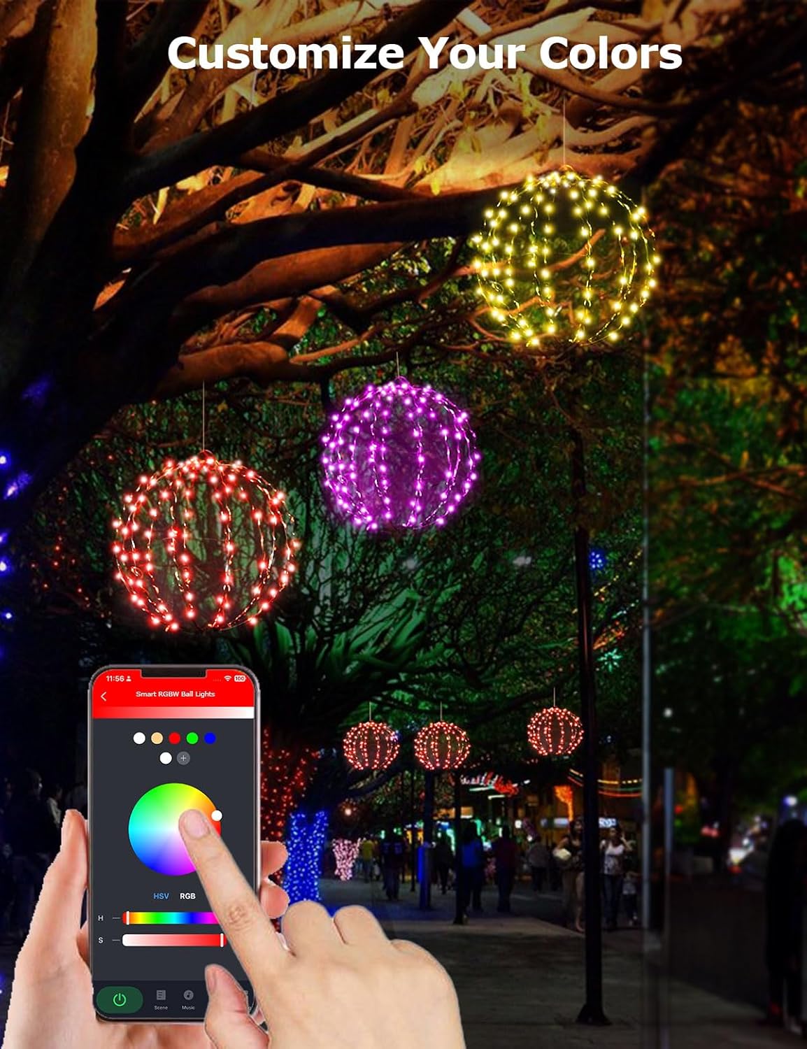 3 Pack 12" Smart Sphere Hanging Christmas Ball Lights Outdoor, DIY and Preset Lightshow Foldable Color Changing Christmas Light, APP Control RGBW LED Lights for Holiday Decorations Outside