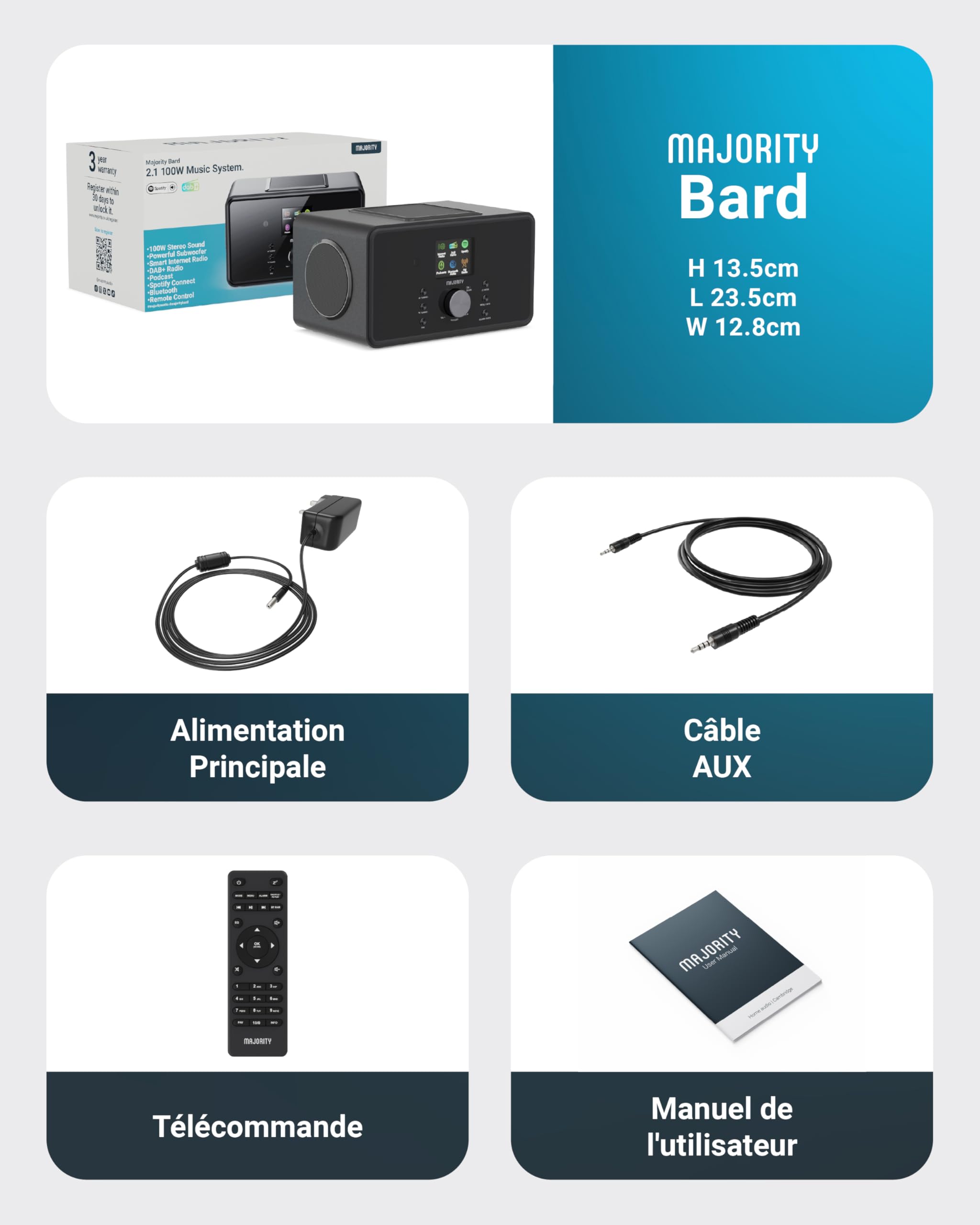 Radio Internet WiFi avec Bluetooth | Radio Dab Plus & FM | 100W 2.1 Caisson de Basse Interne pour Xtra Bass | Spotify Connect & Podcasts | Télécommande Incluse & OKTIV App Control | MAJORITY Bard