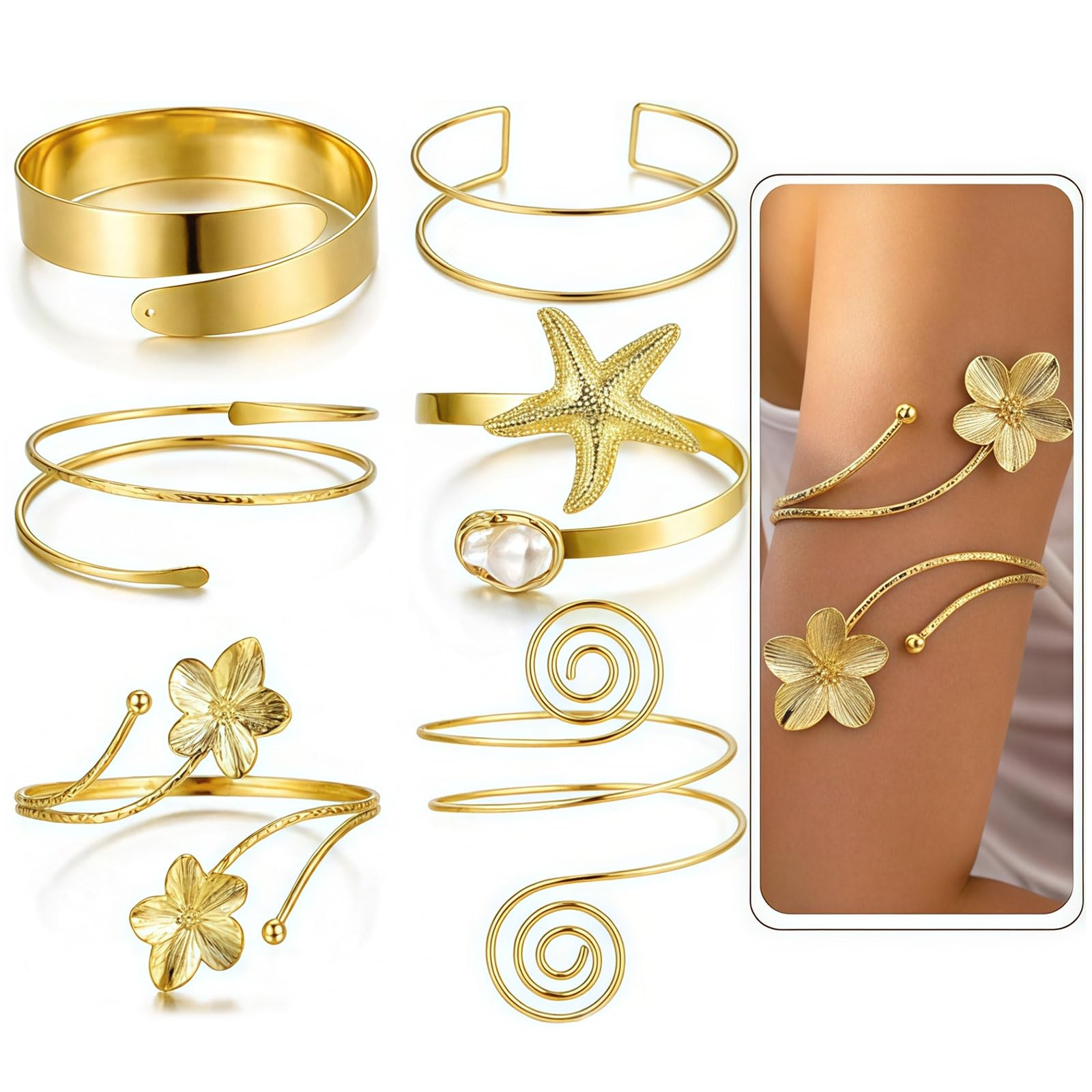 6 Pcs Gold Bangle Set for Women Boho Statement Upper Arm Cuff Bangle Set Adjustable Open Bangle Jewelry Stackable